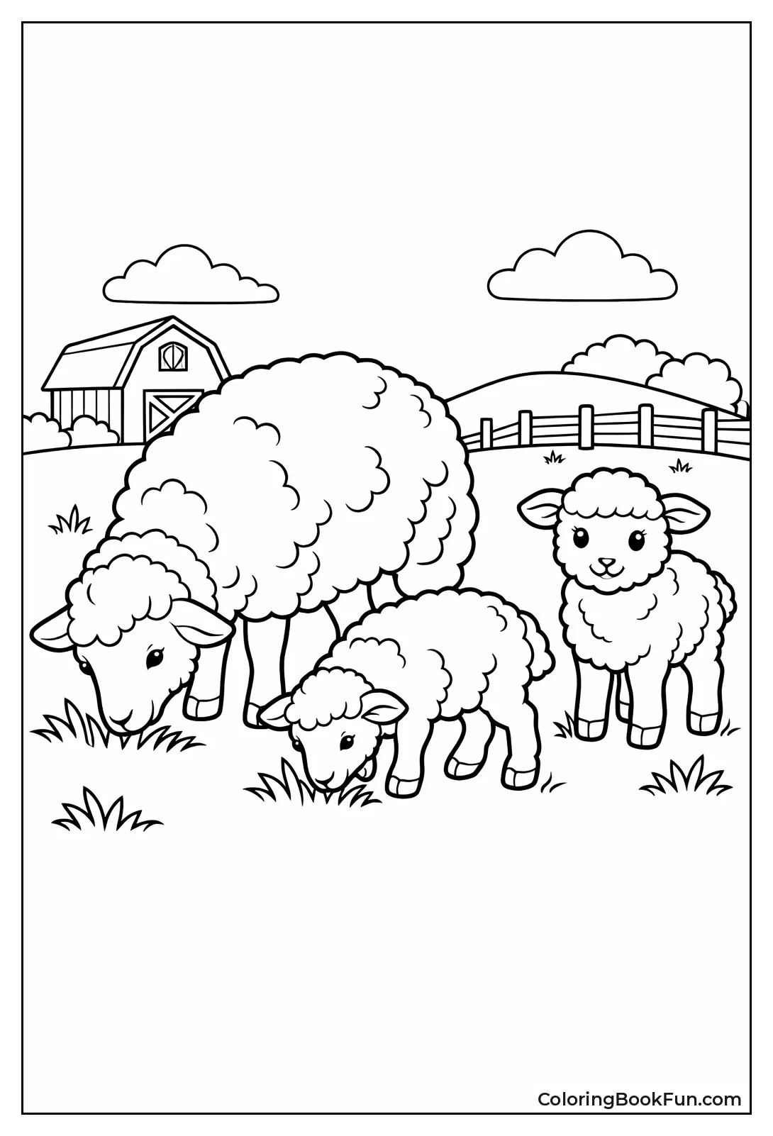 Sheep Family Grazing Together