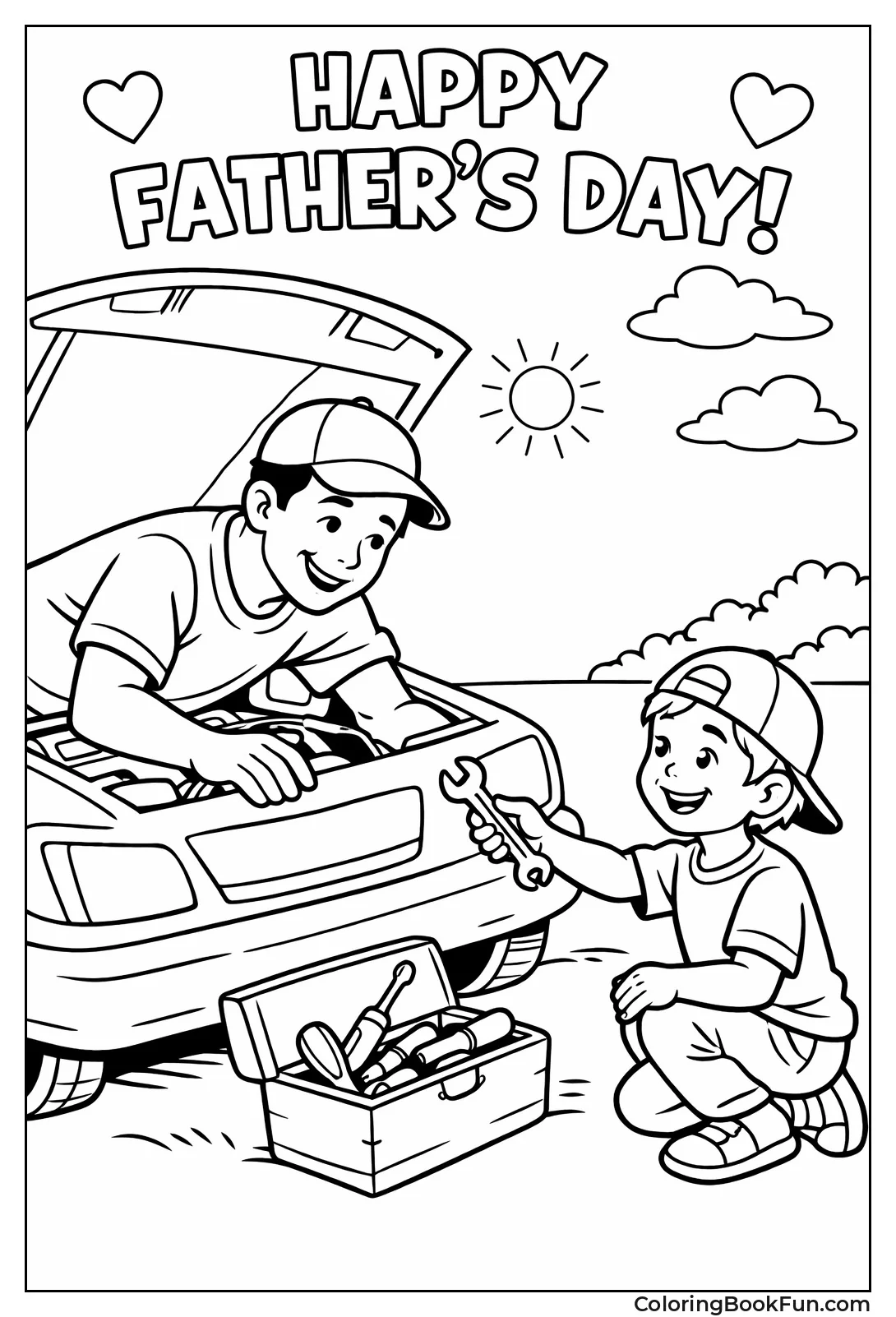 Dad Fixes Car with Helper Kid