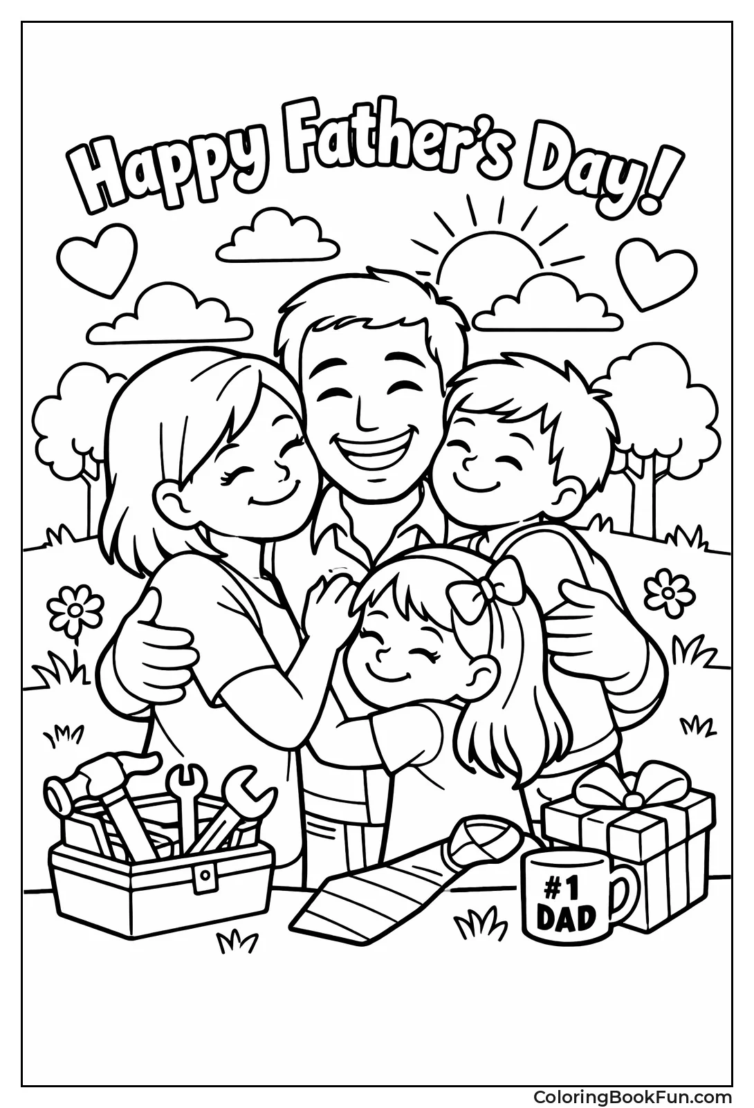 Family Hugs Dad in Park