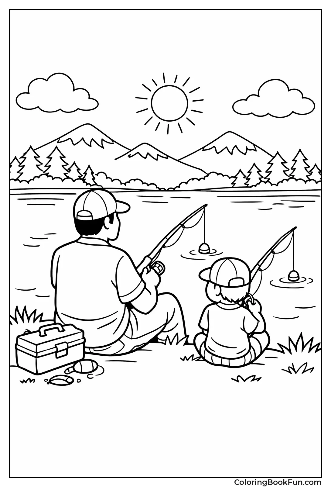 Dad and Son Fishing by Lake