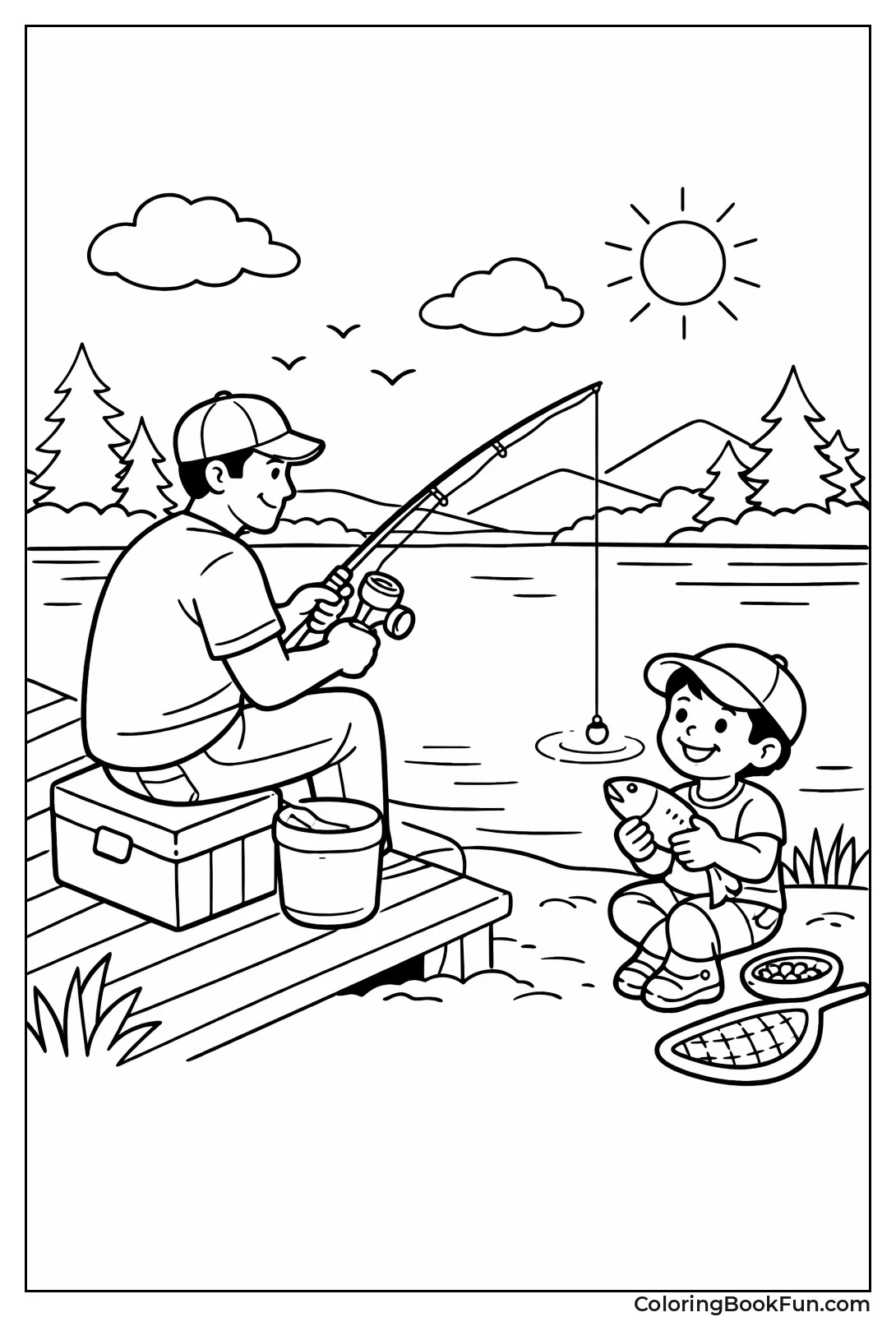Dad Fishes Lake with Child