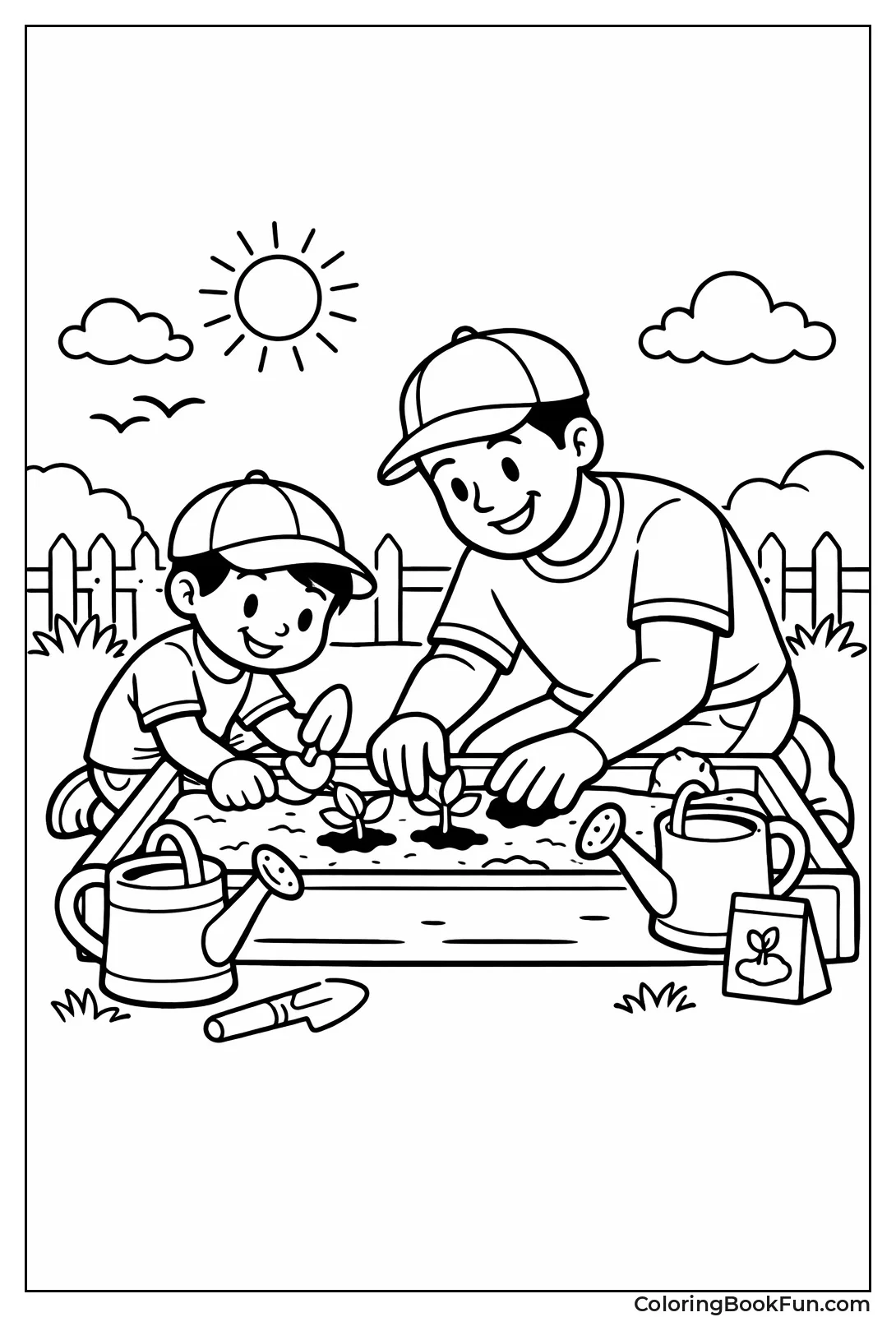 Dad Plants Garden with Kid