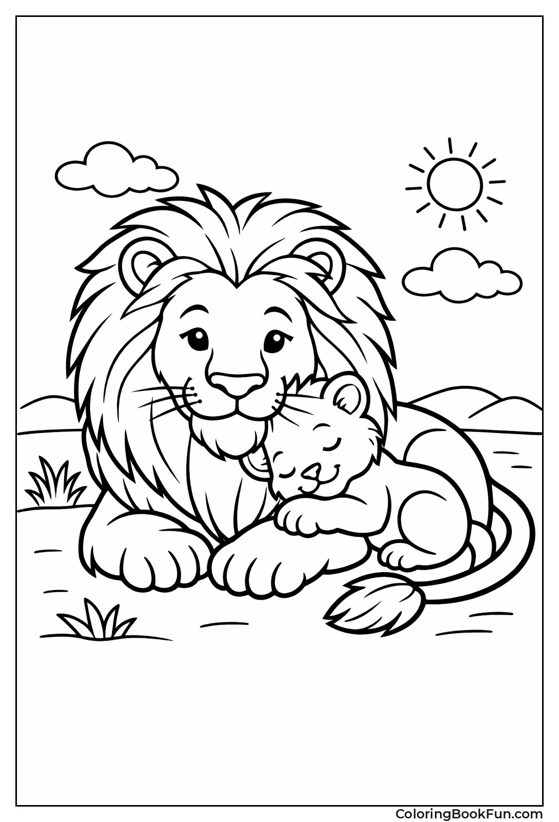 Lion Cuddles with Little Cub