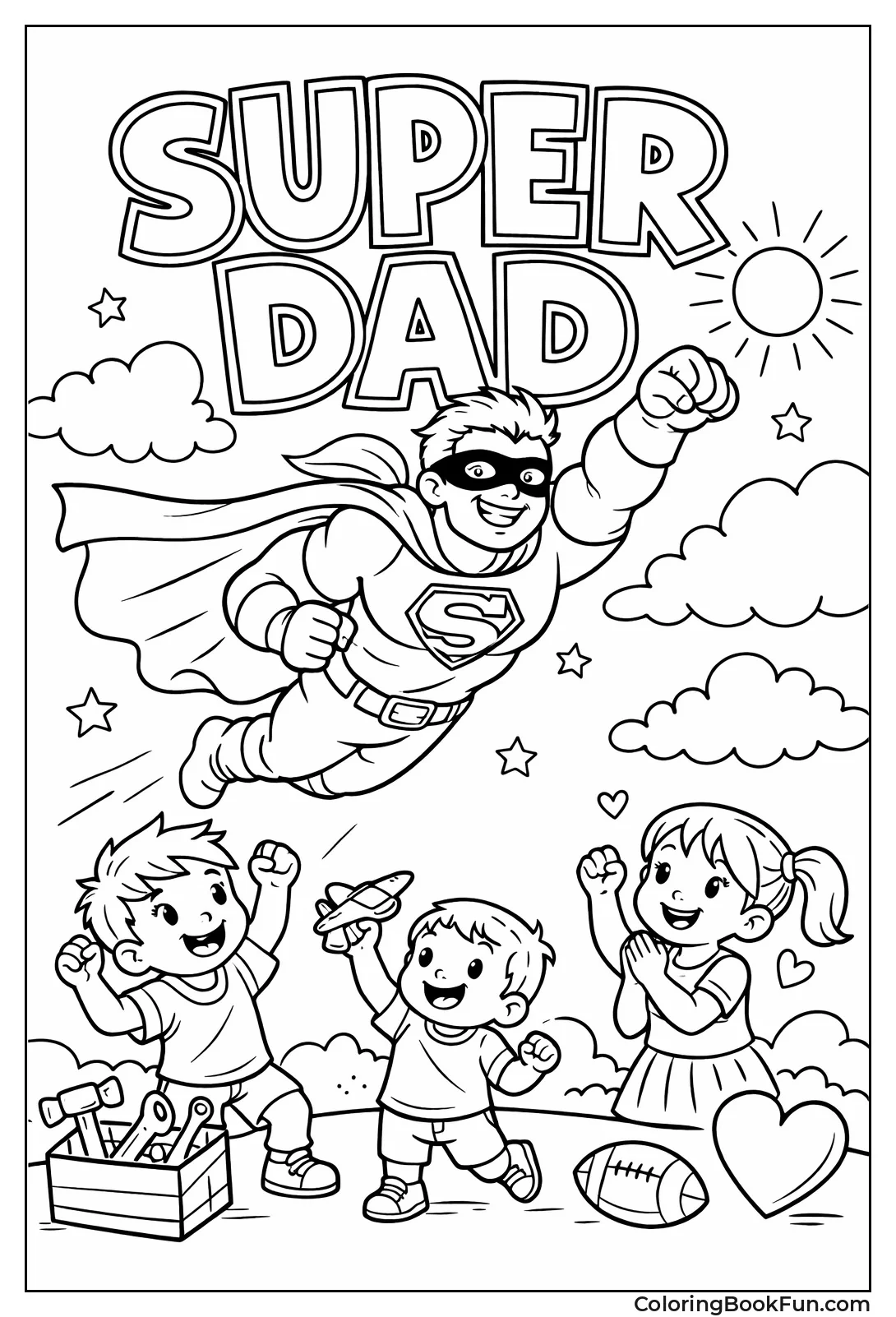 Superhero Dad Flying Above Cheering Kids