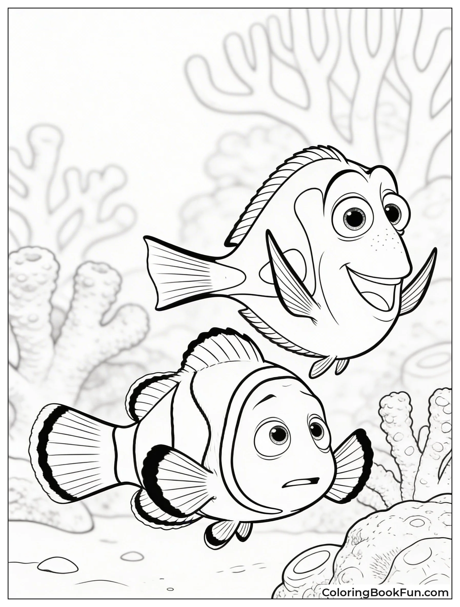 Worried Marlin Follows Happy Dory