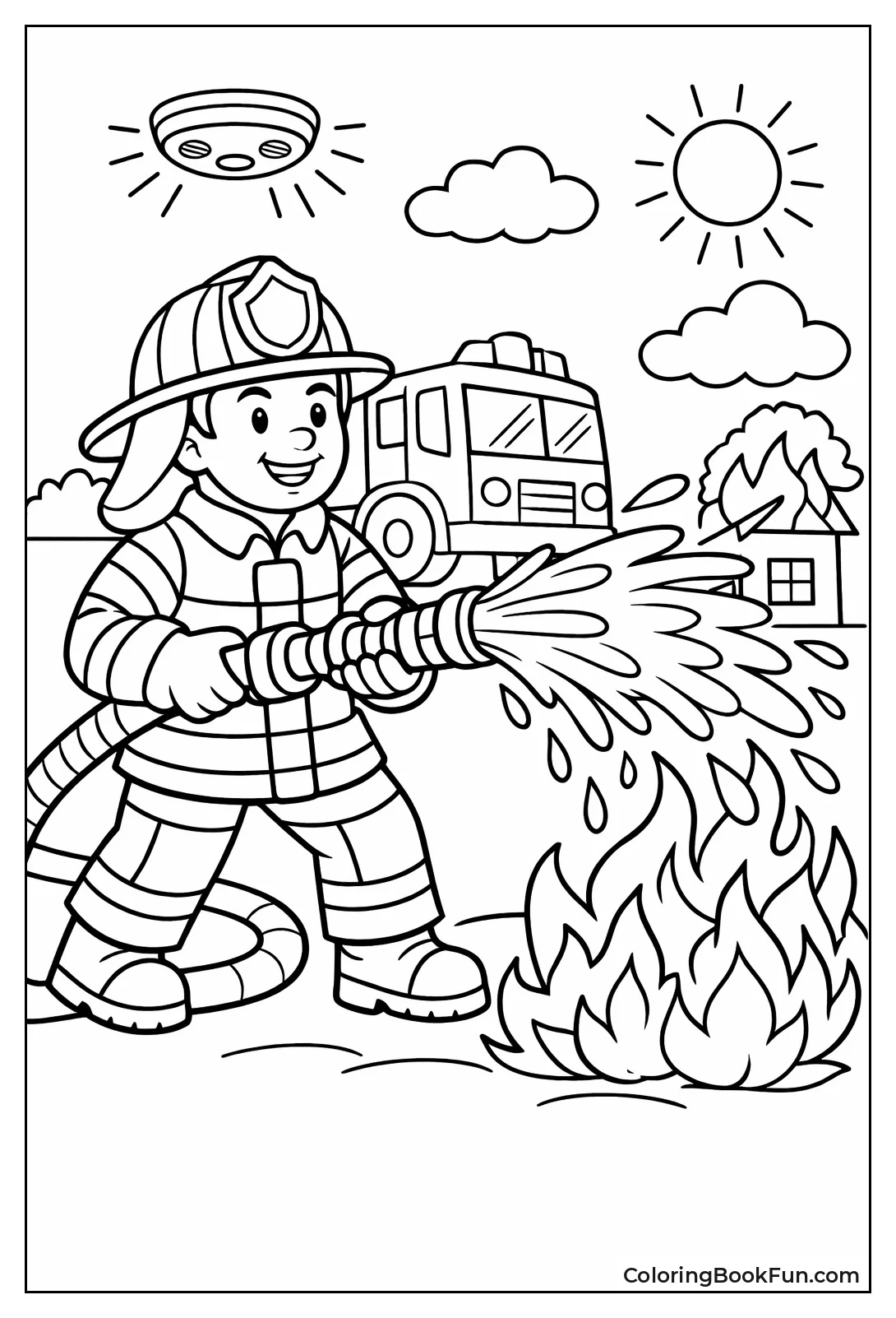 Firefighter Sprays Hose at Flames