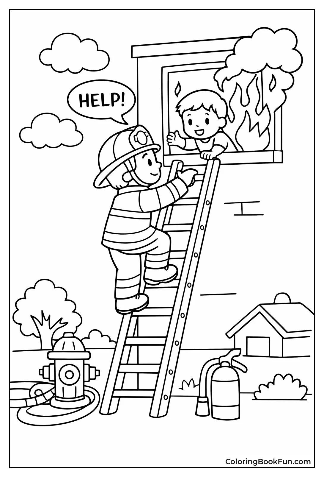 Firefighter Climbs Ladder Rescue