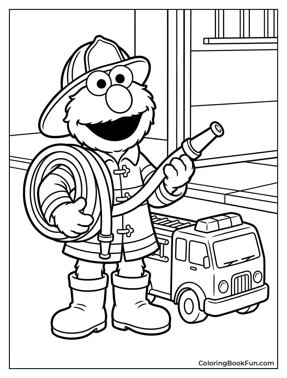 Firefighter Elmo Holds Hose