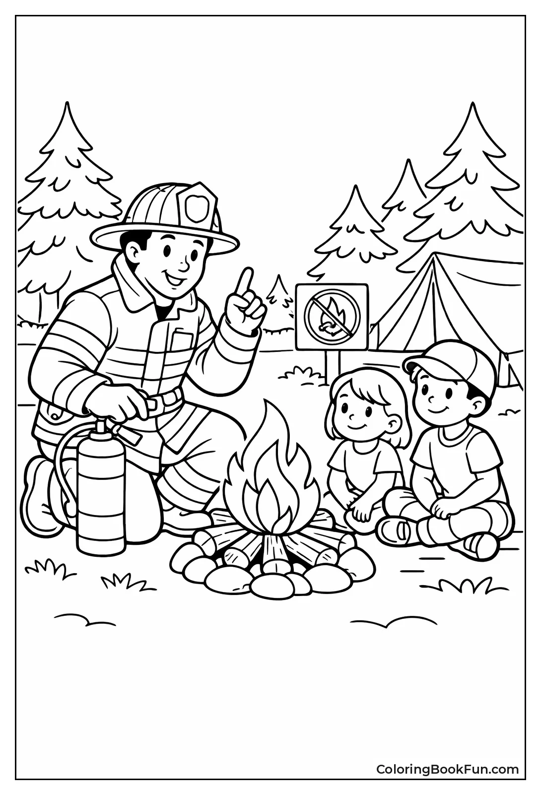 Fireman Checking Campfire Kids