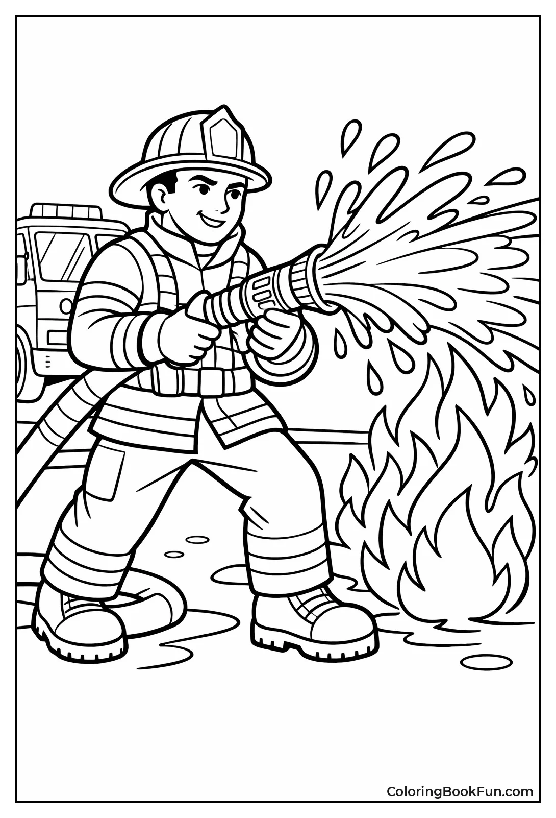 Fireman Spraying Hose Flames