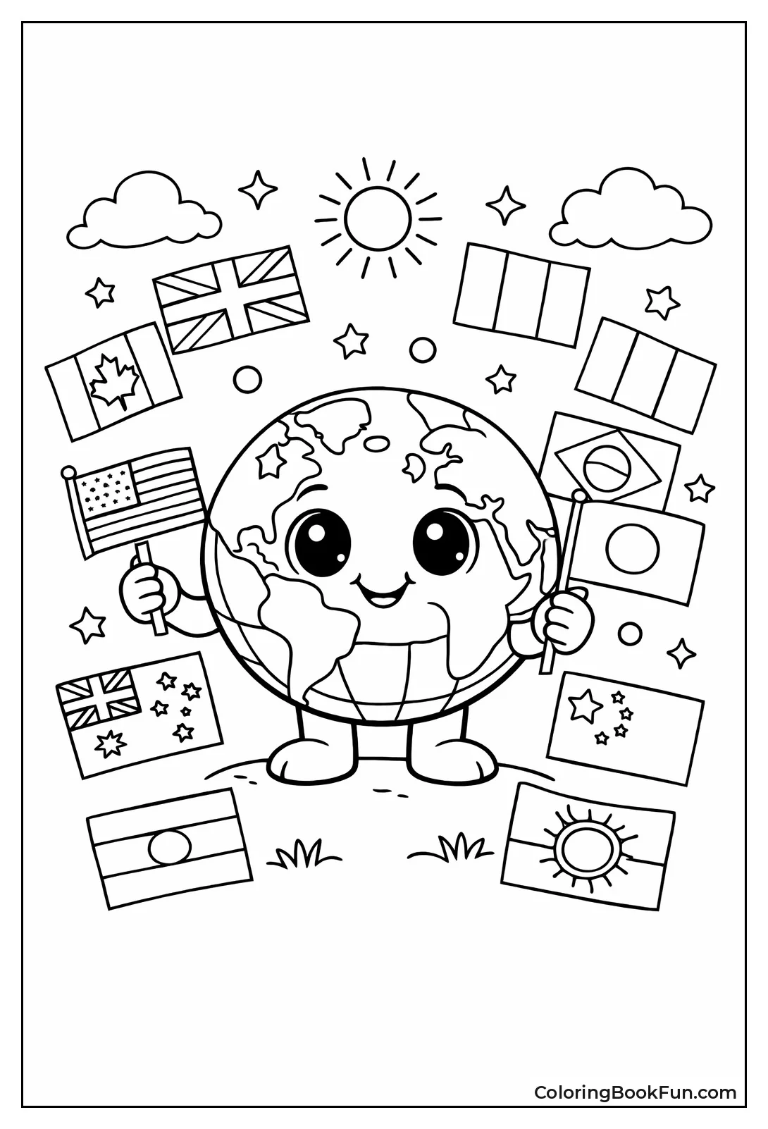 Cute Earth Holds Flags