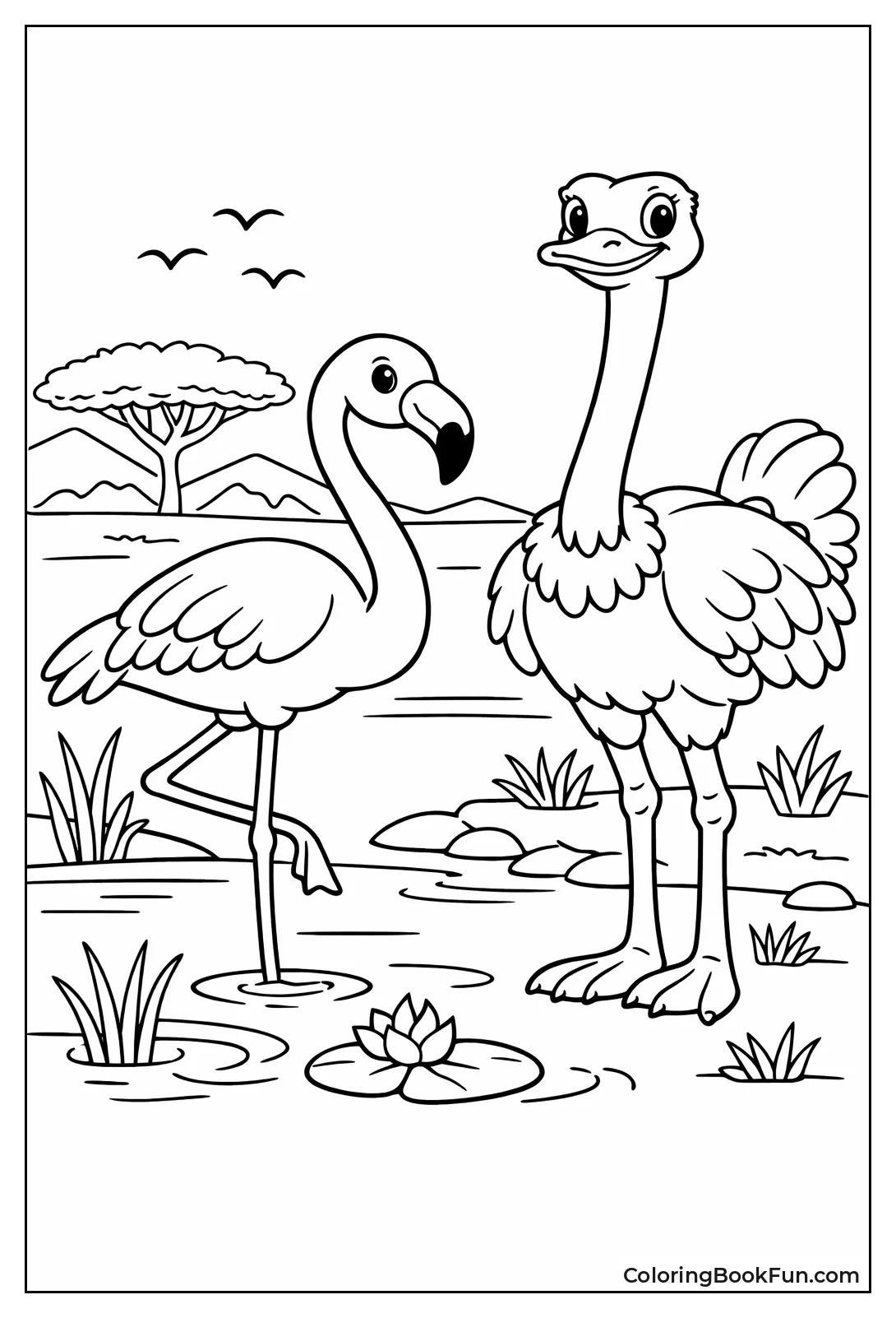 Flamingo Stands with Ostrich