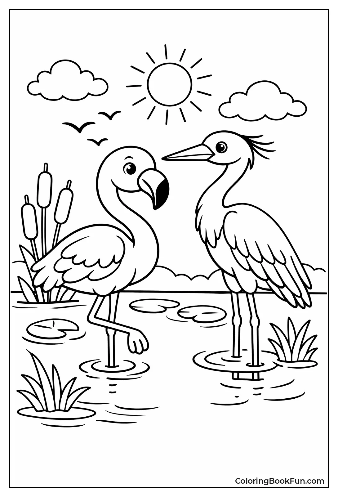 Flamingo Stands with Heron