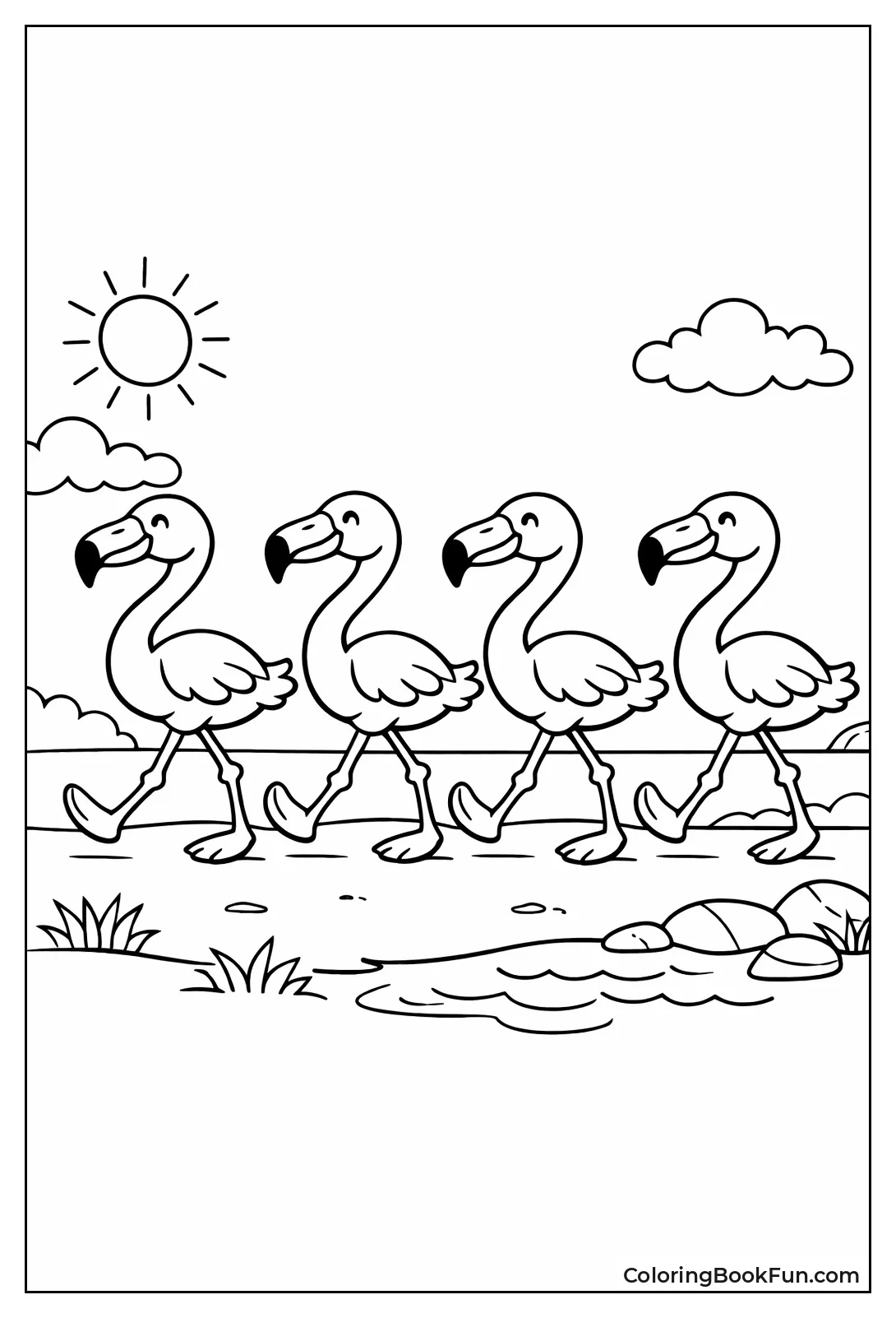 Flamingos March in Line