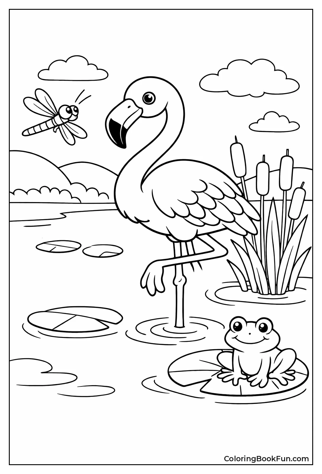 Flamingo with Frog and Dragonfly