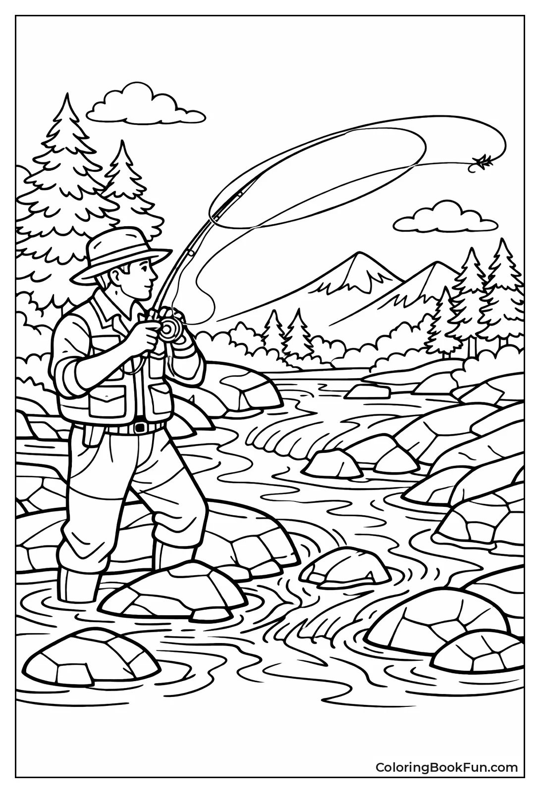 Fly Fisherman Casts Stream