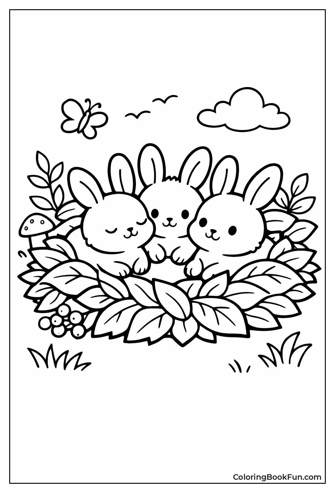 Bunnies Huddled in Leafy Nest