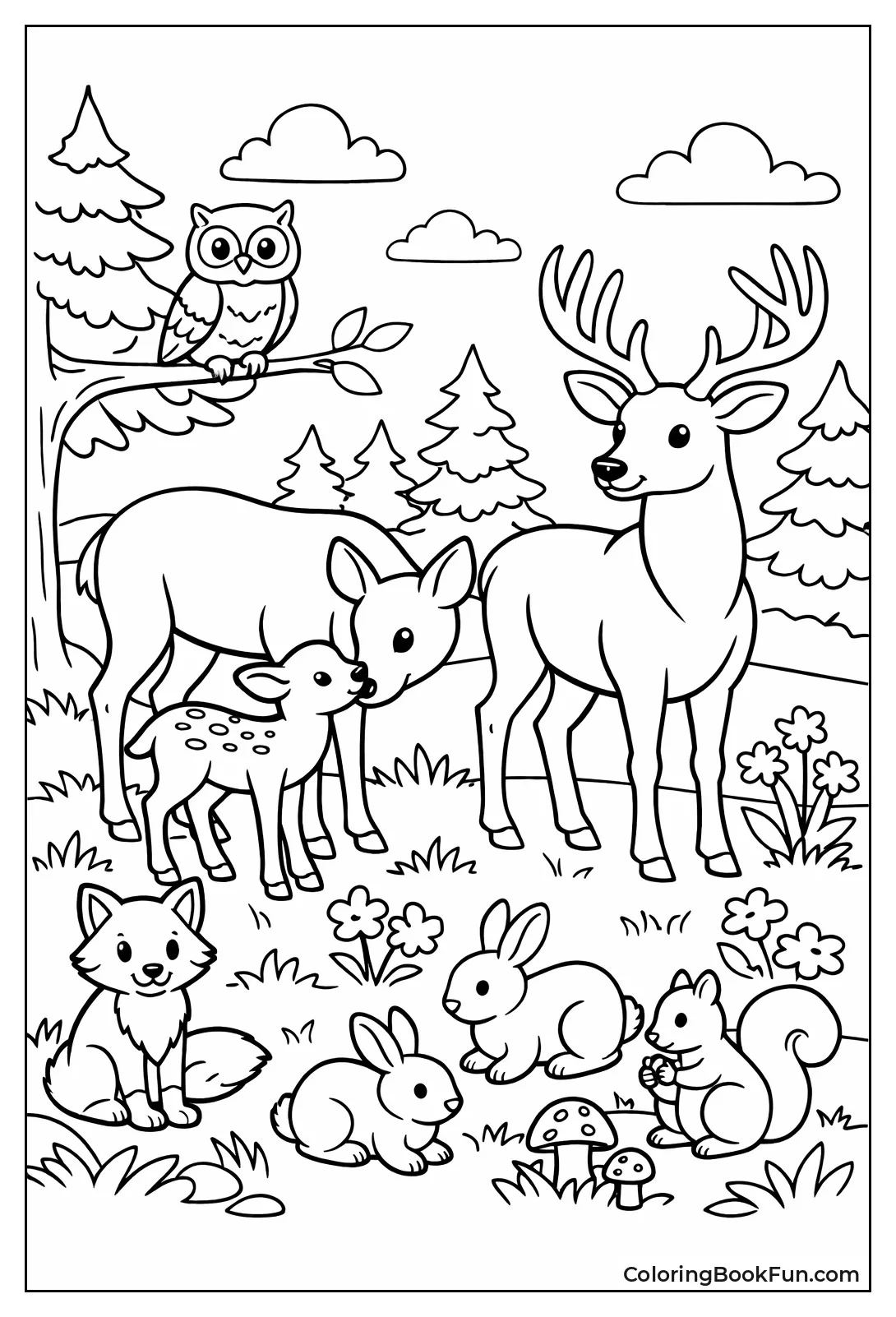 Deer Family Grazing in Woods