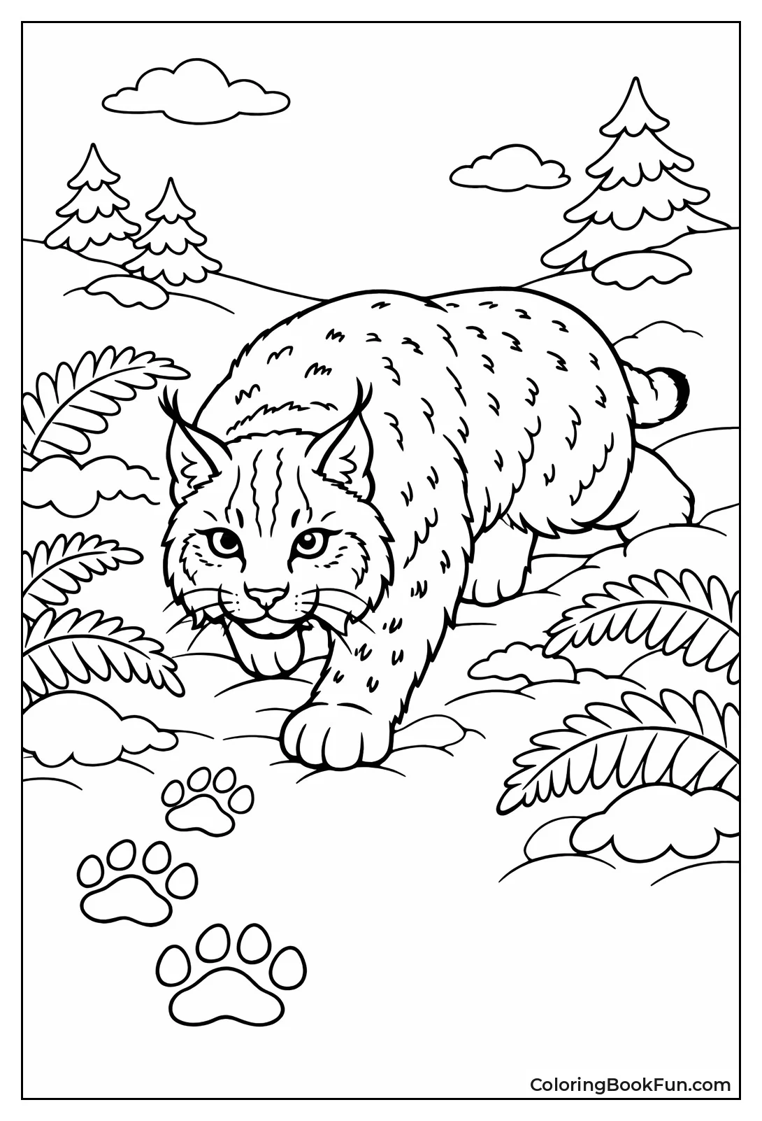 Lynx Stalking through Snowy Ferns