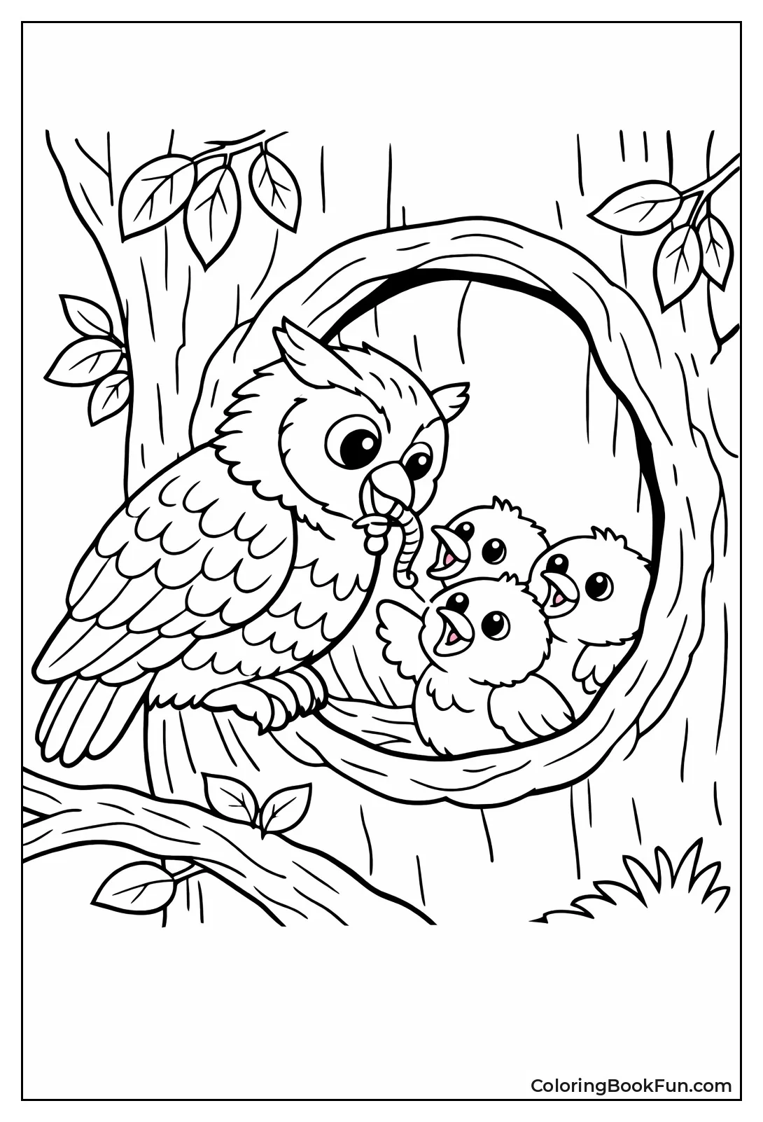 Owl Feeding Owlets in Nest