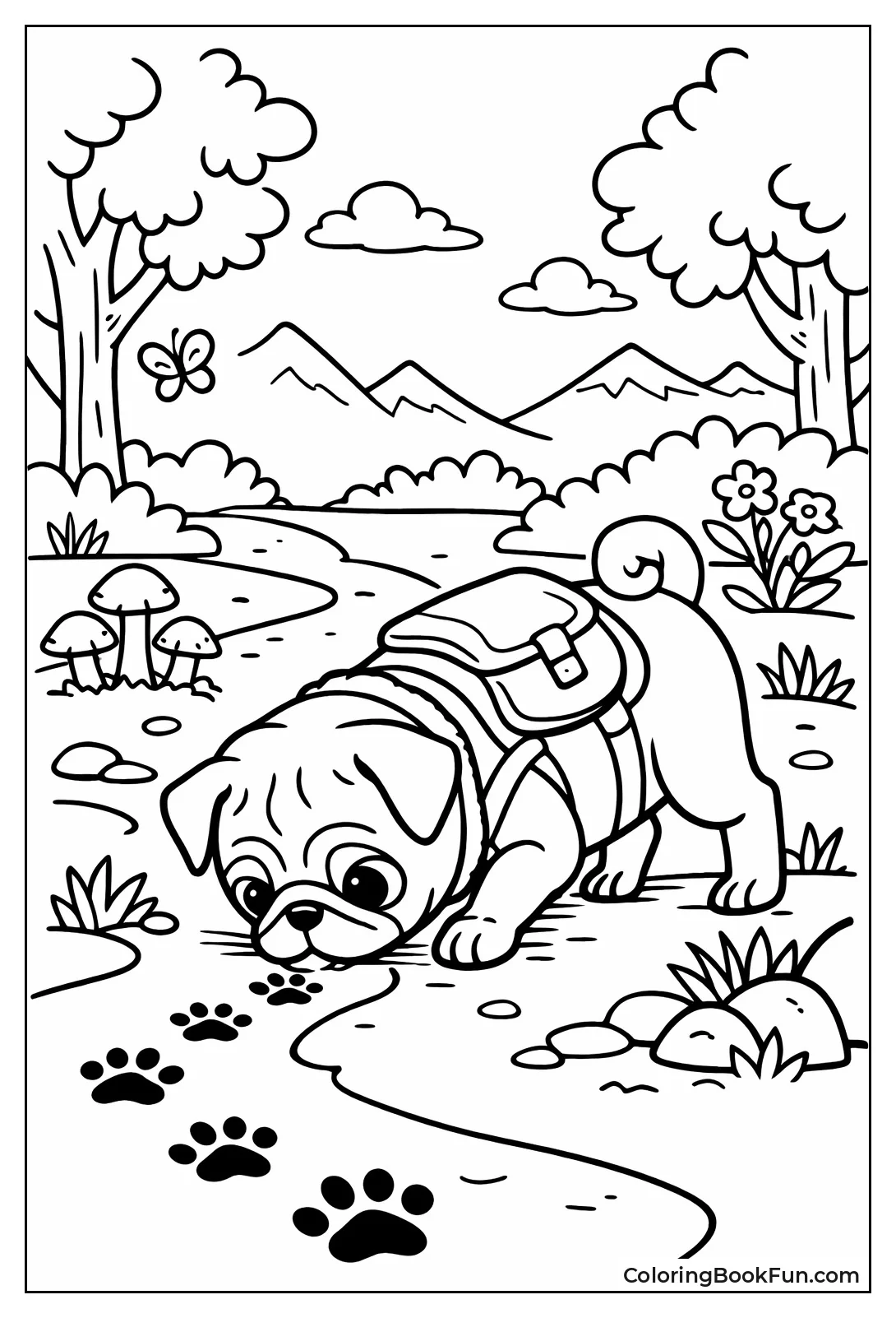 Pug Sniffing Forest Trail