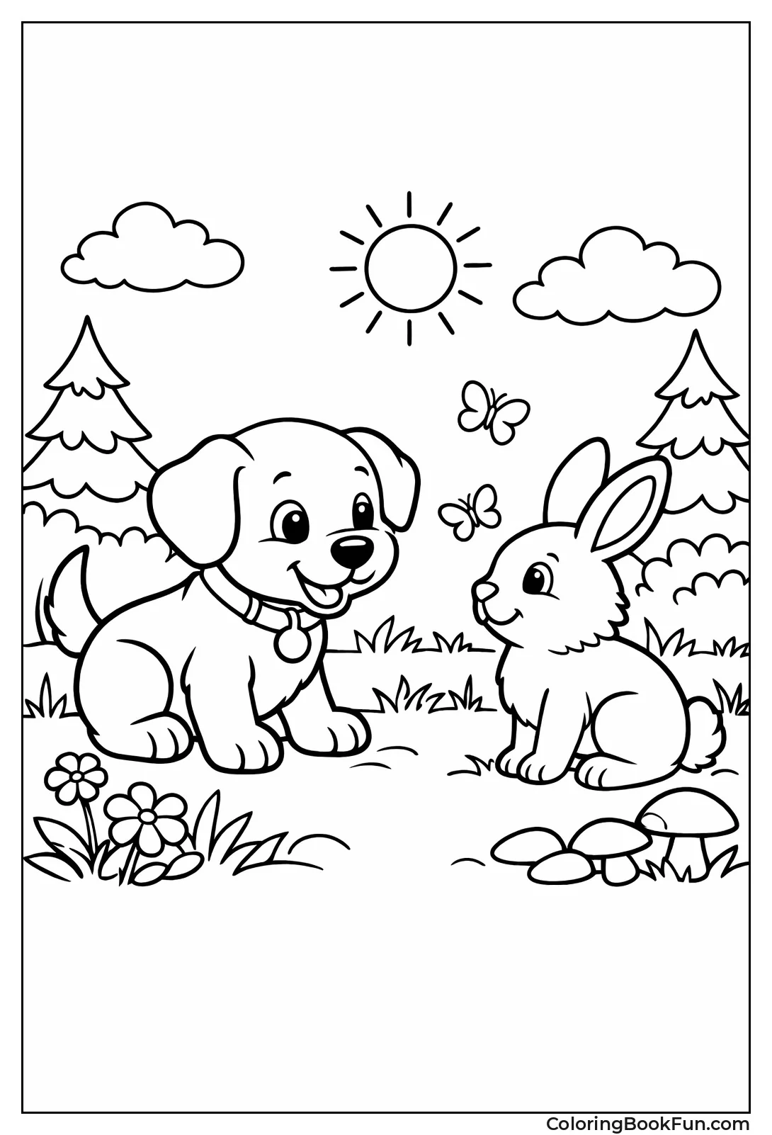 Puppy Meeting Rabbit in Forest