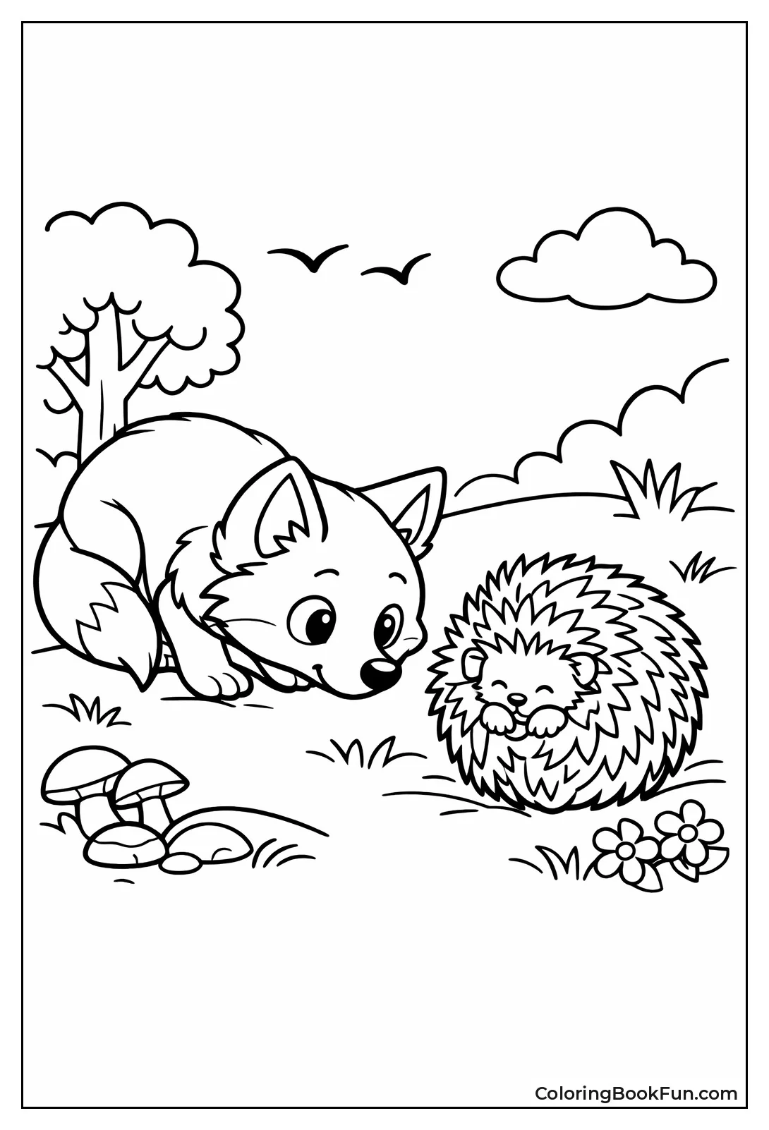 Fox Watches Curled Hedgehog