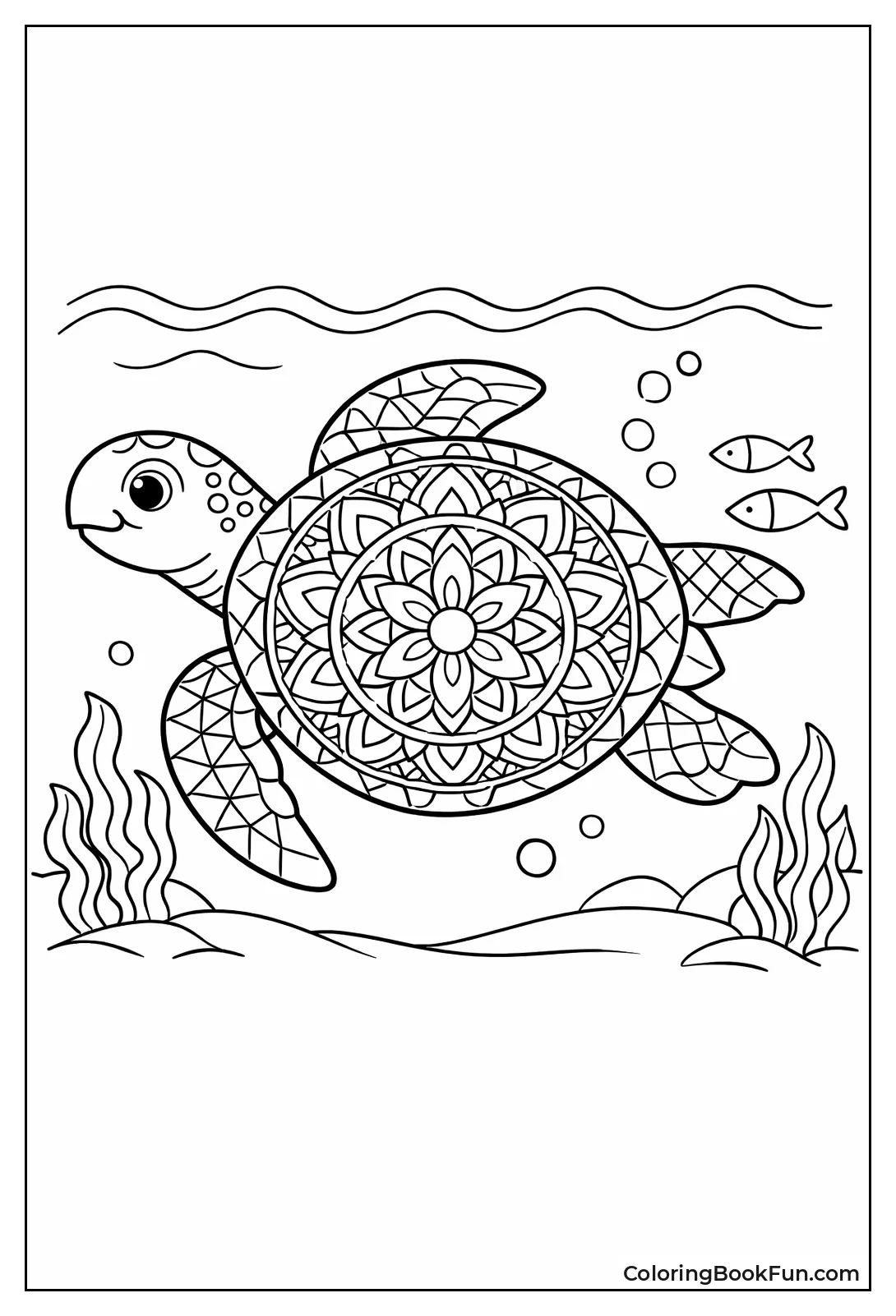 Turtle Swims with Mandala Shell