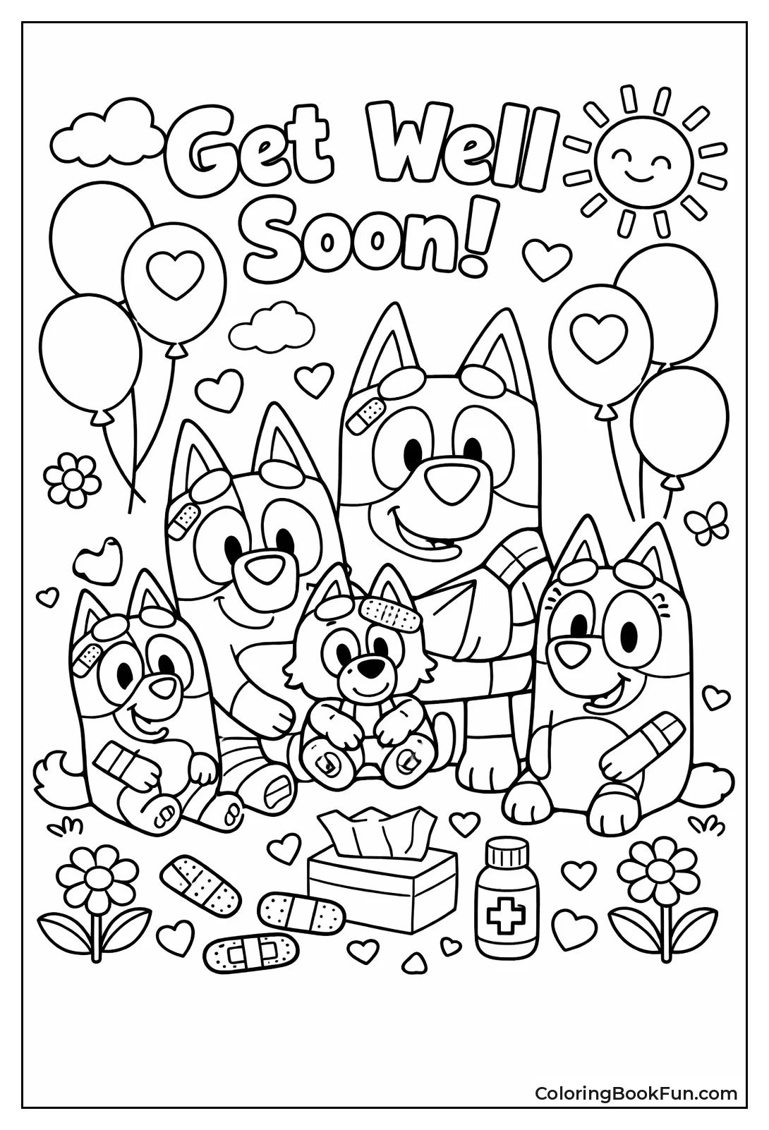 Bluey Bandaged with Family and Balloons
