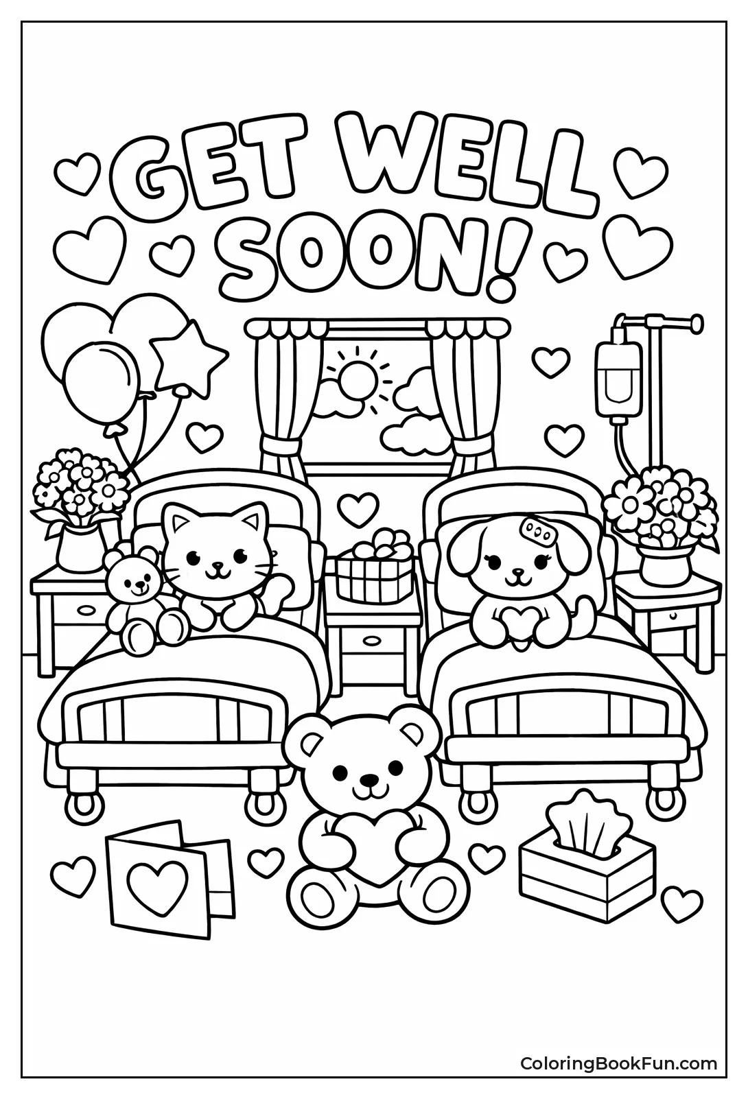 Hospital Bed Full of Balloons and Bears