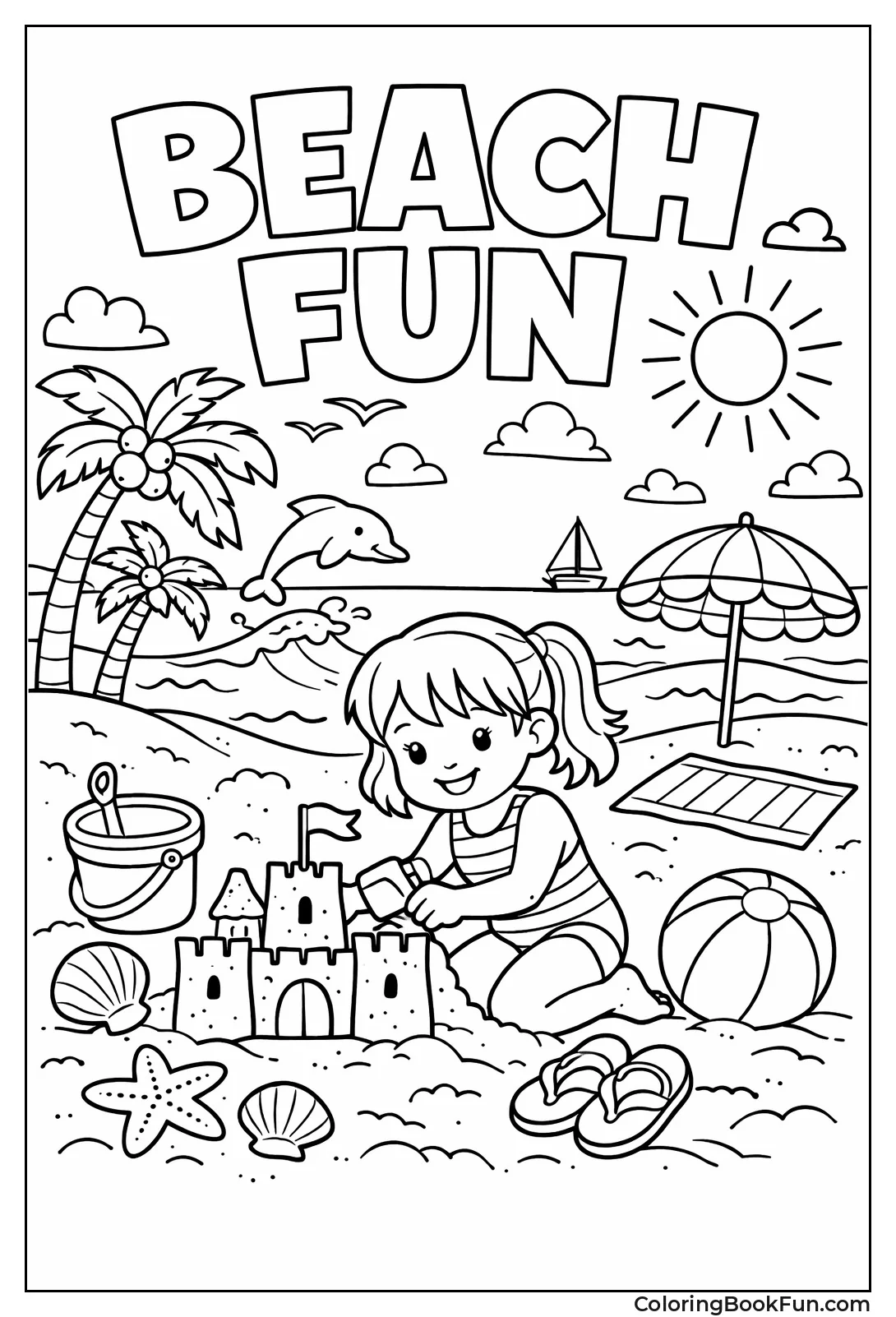 Girl Builds Sandcastle Beach