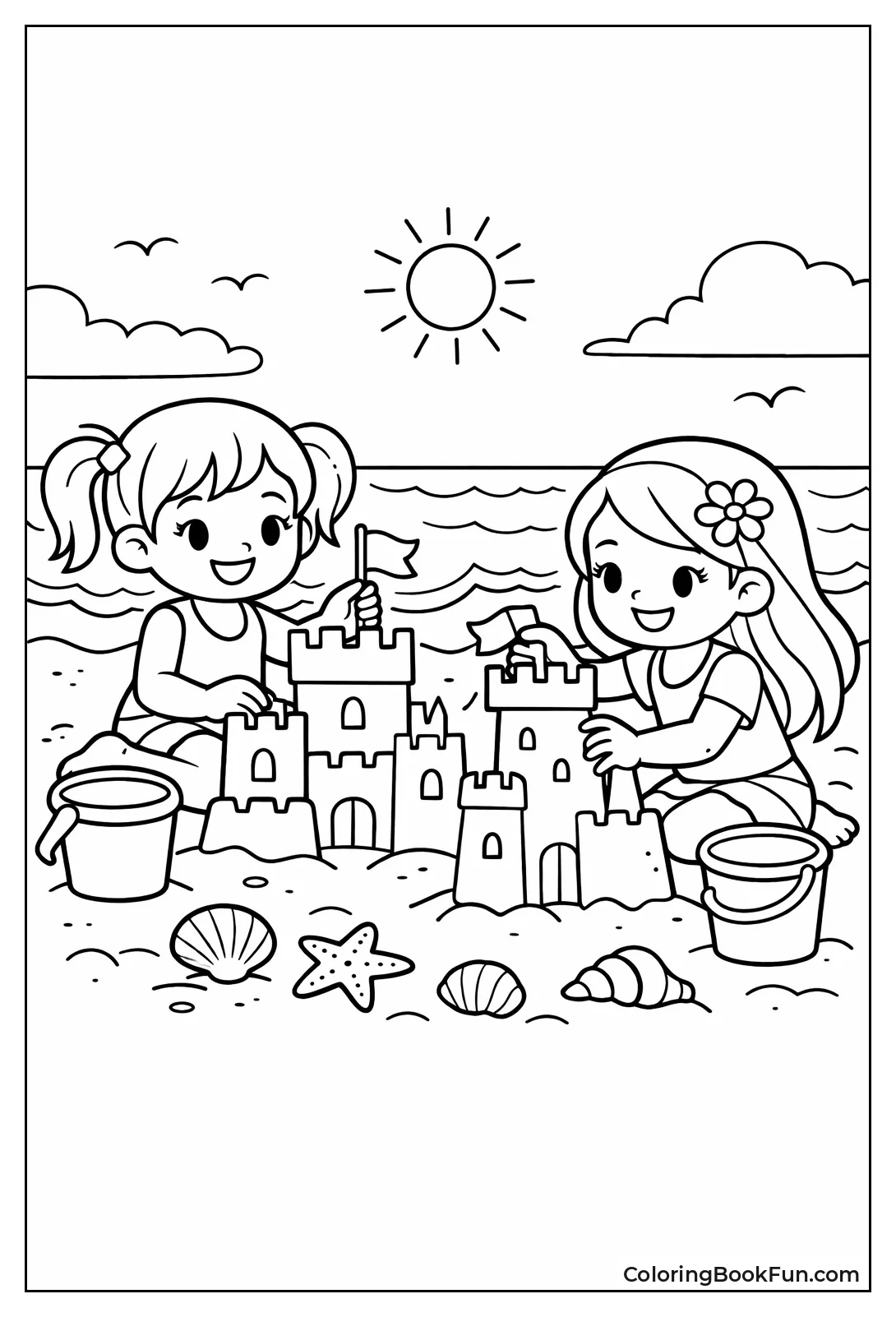 Girls Building Beach Sandcastles