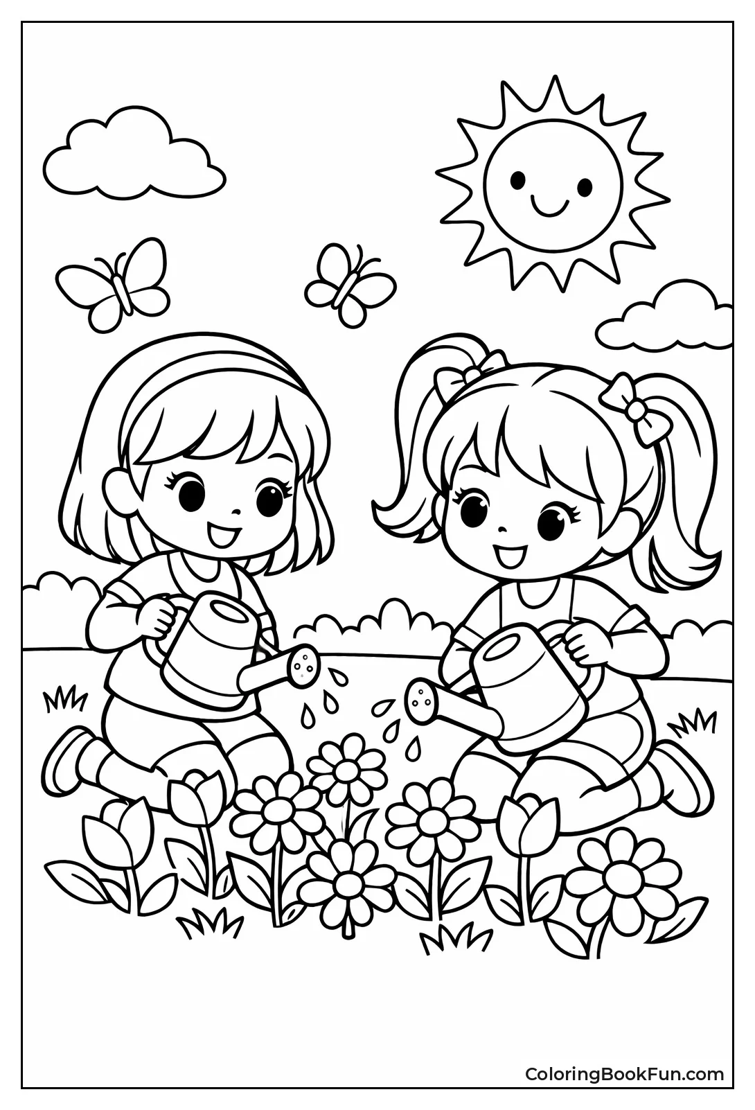 Girls Watering Garden Flowers