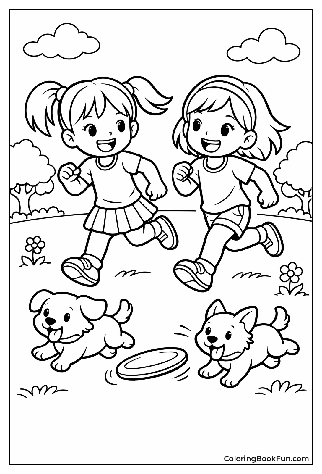 Girls Chasing Puppies Frisbee