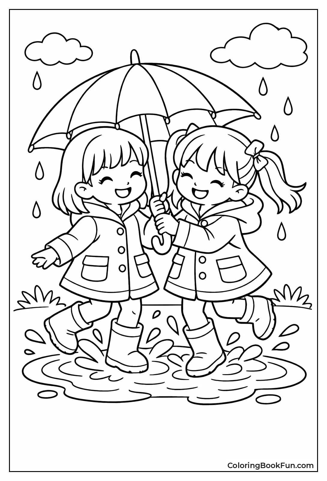 Girls Splashing Rainy Puddles