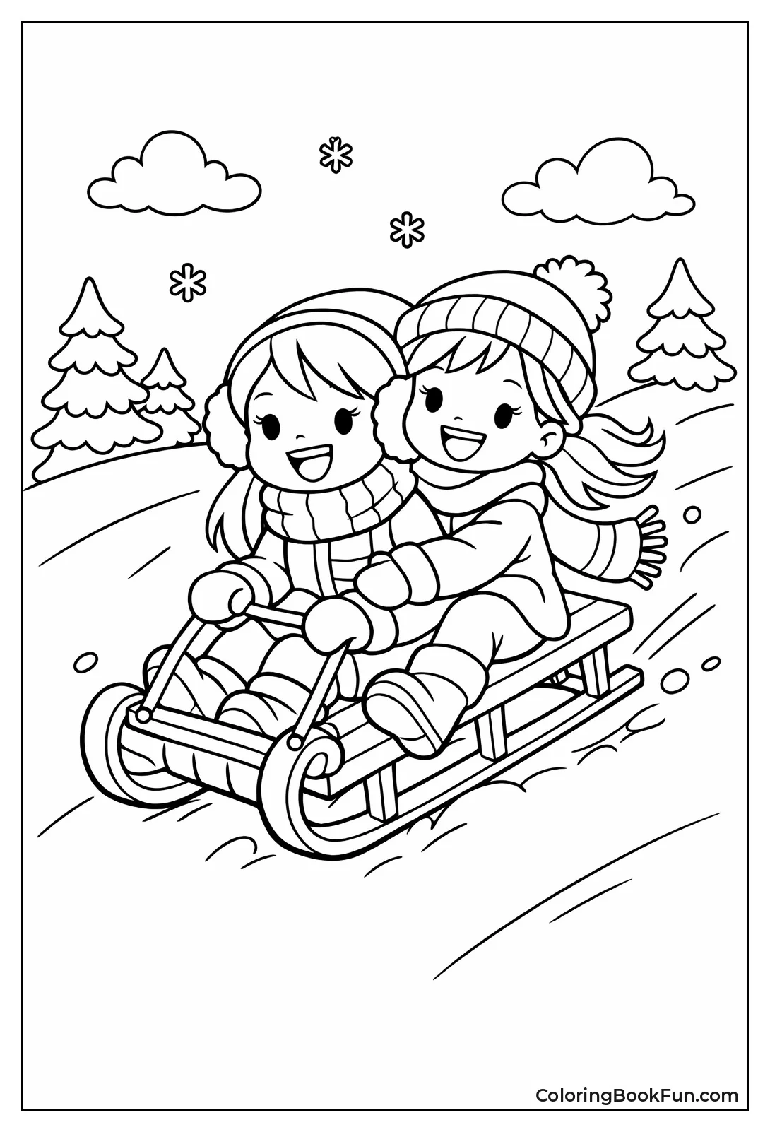 Girls Sledding Snowy Hill