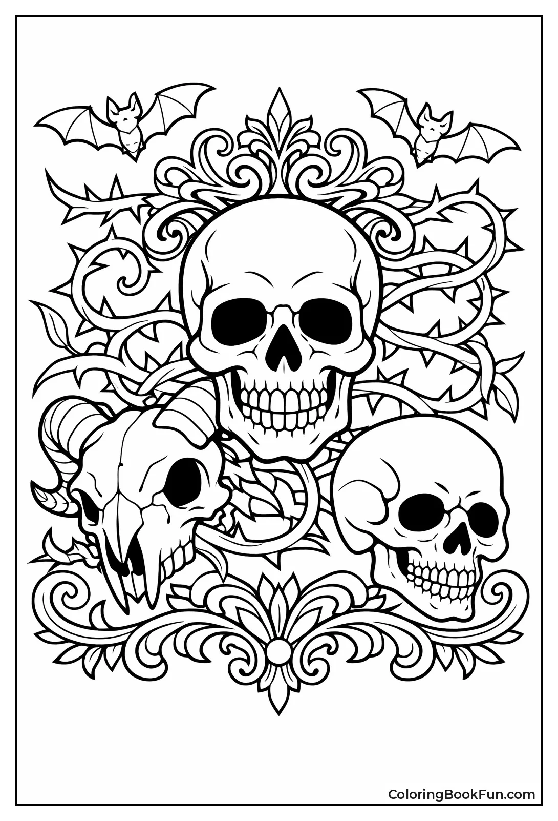 Gothic Skull with Thorns and Bats