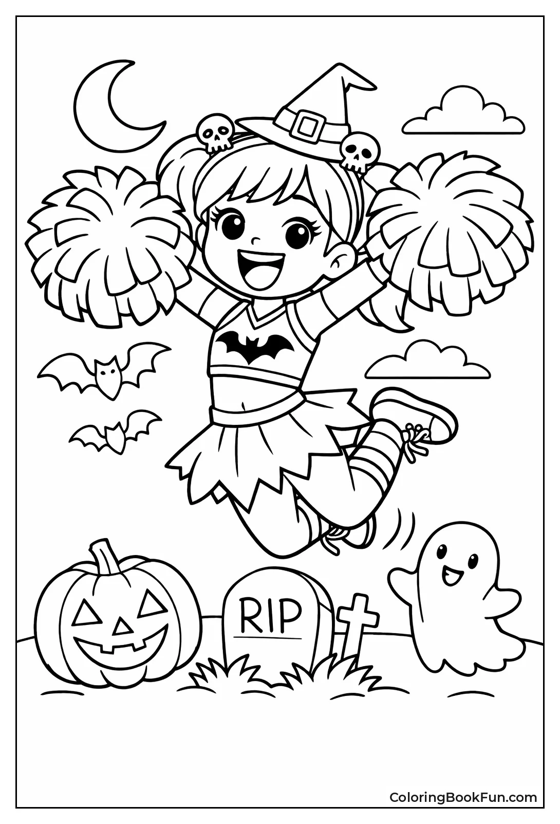 Halloween Cheerleader Holds Pom-Poms