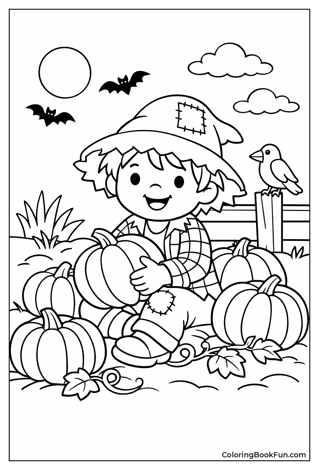 Scarecrow Kid among Pumpkins