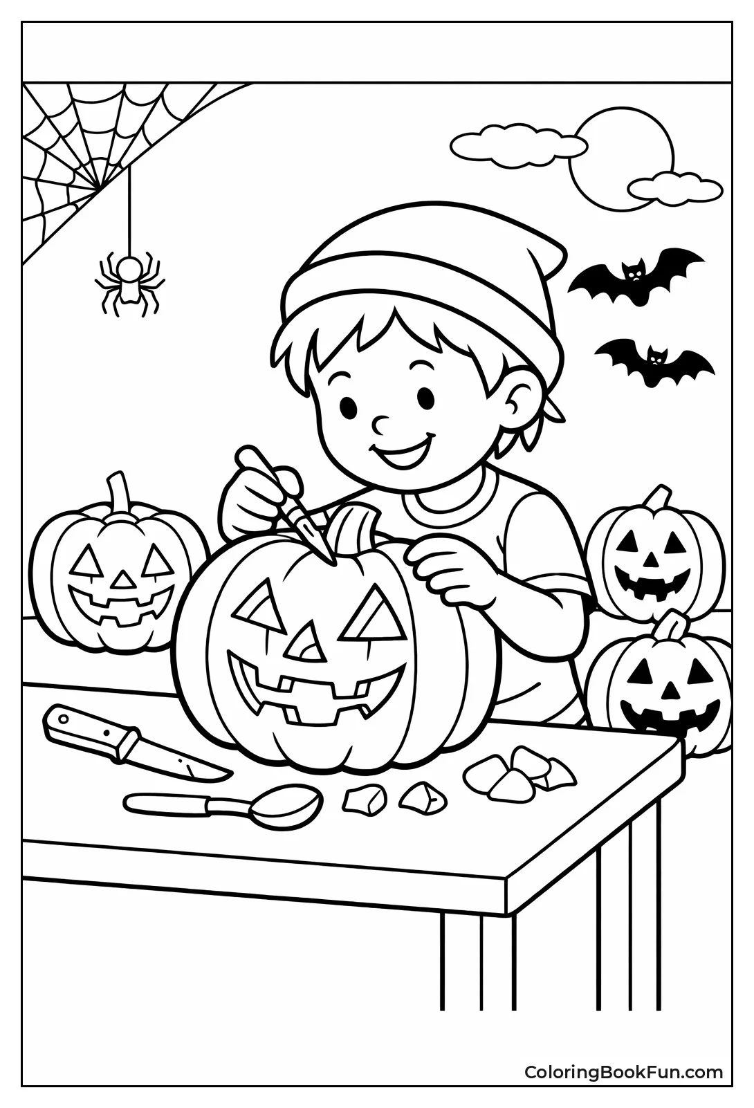 Child Carves Pumpkin Face