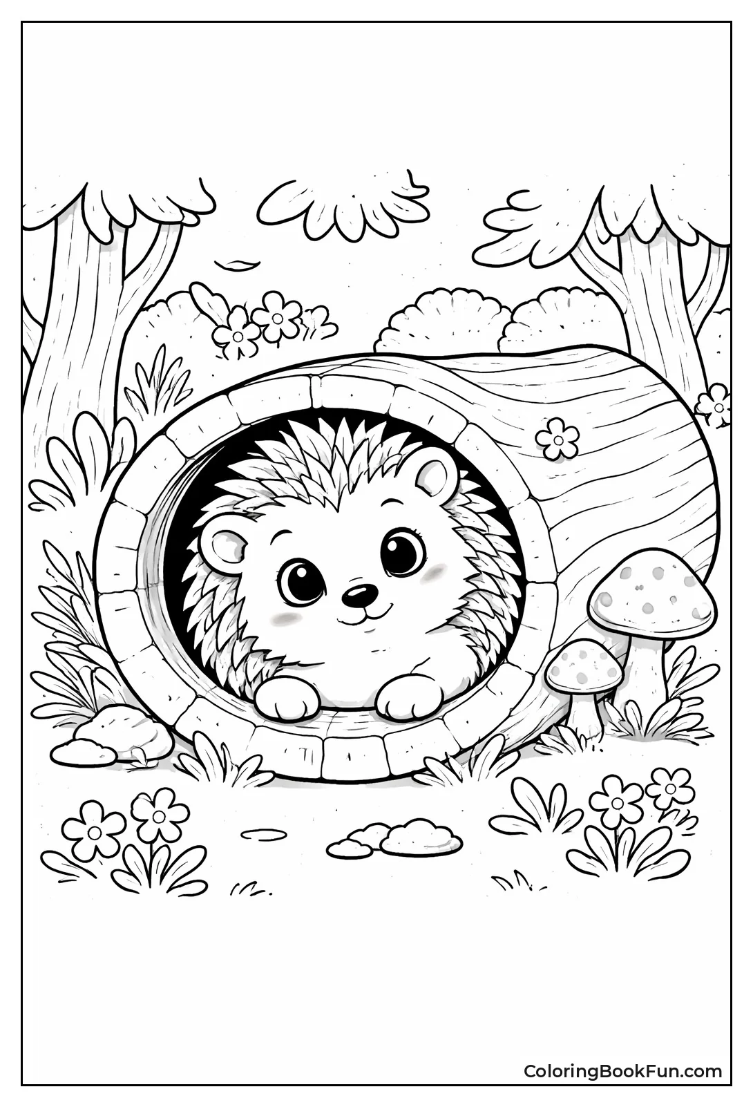 Hedgehog Peeking from Log