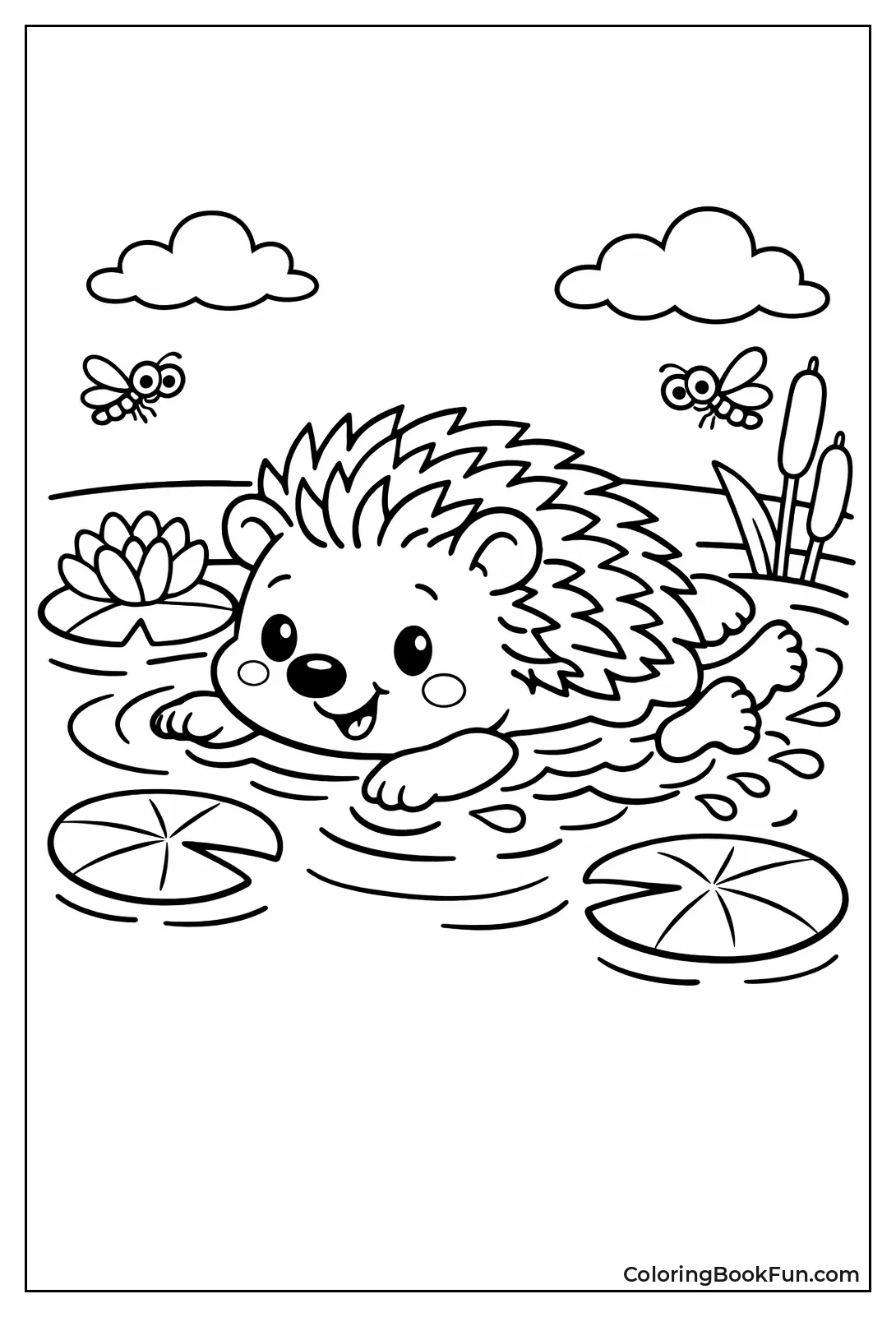 Hedgehog Swimming with Lily Pads