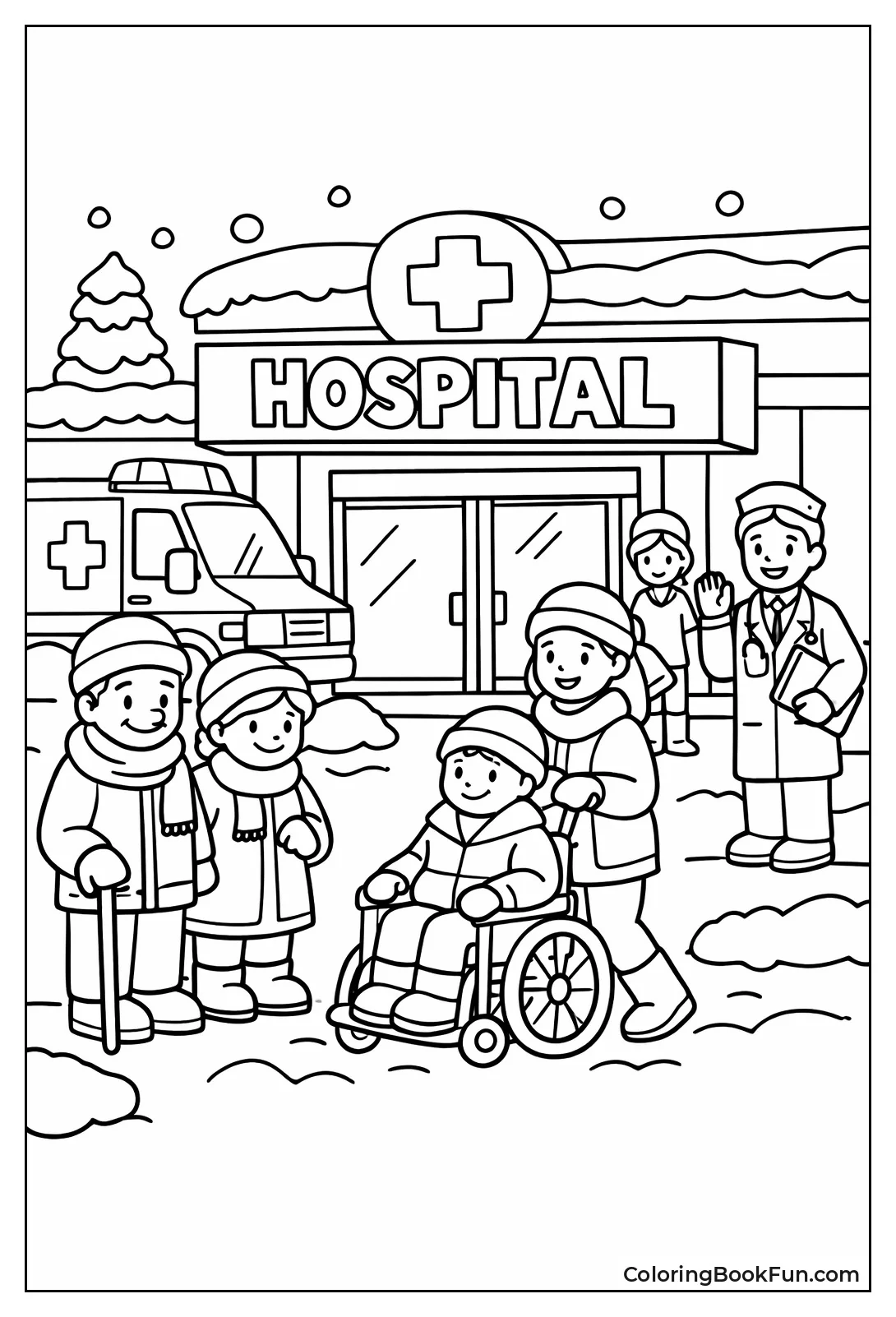 Snowy Hospital Entrance Scene