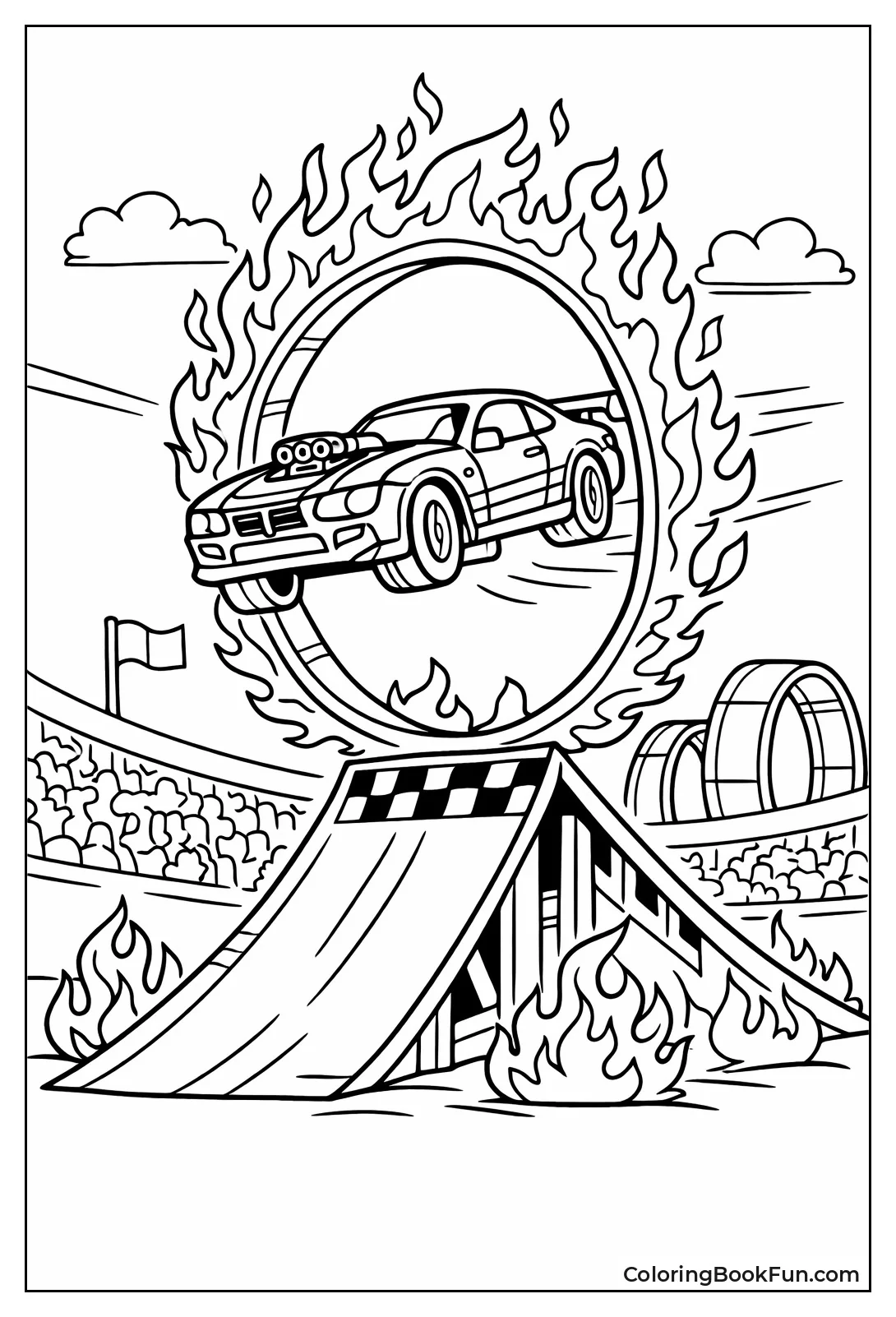 Car Soars Flaming Jump Ramp