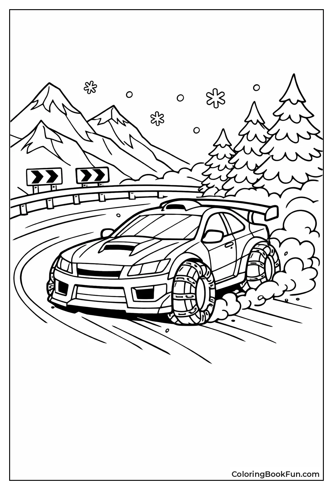 Car Drifts Snowy Mountain Corner