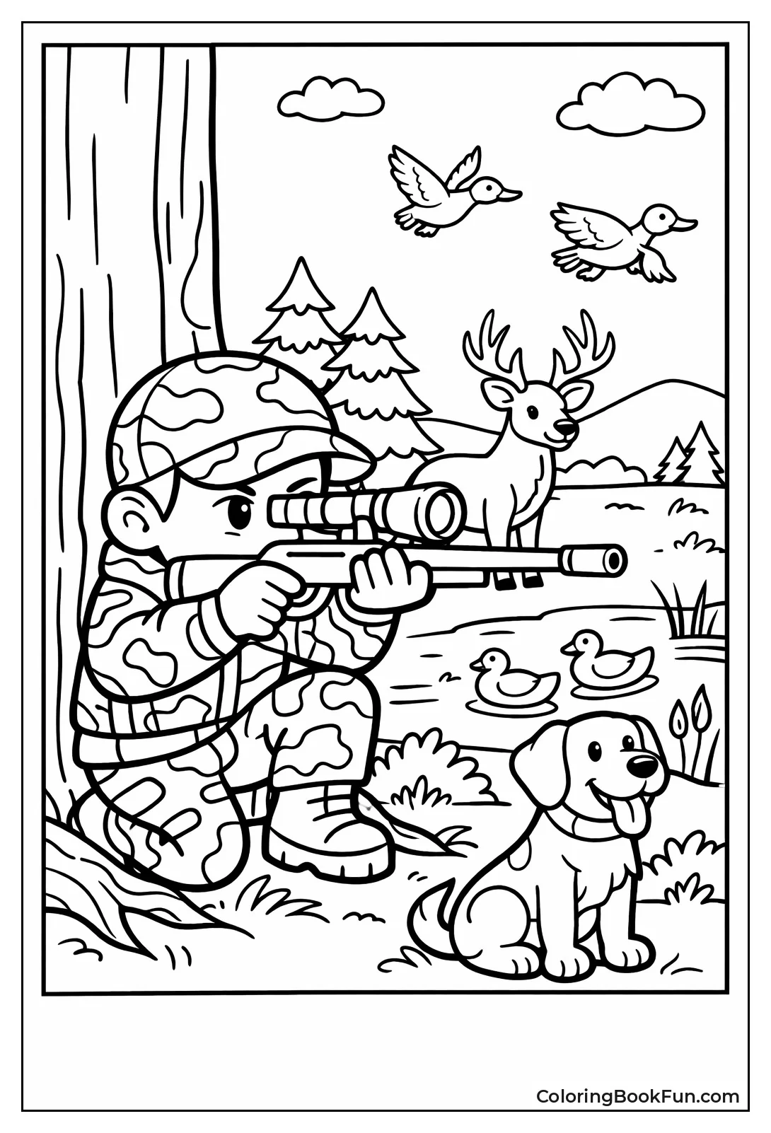 Camouflaged Hunter Behind Tree