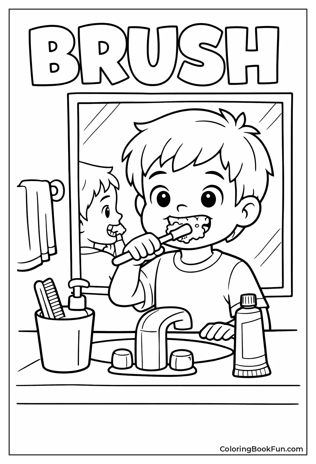 Child Brushes Teeth at Mirror