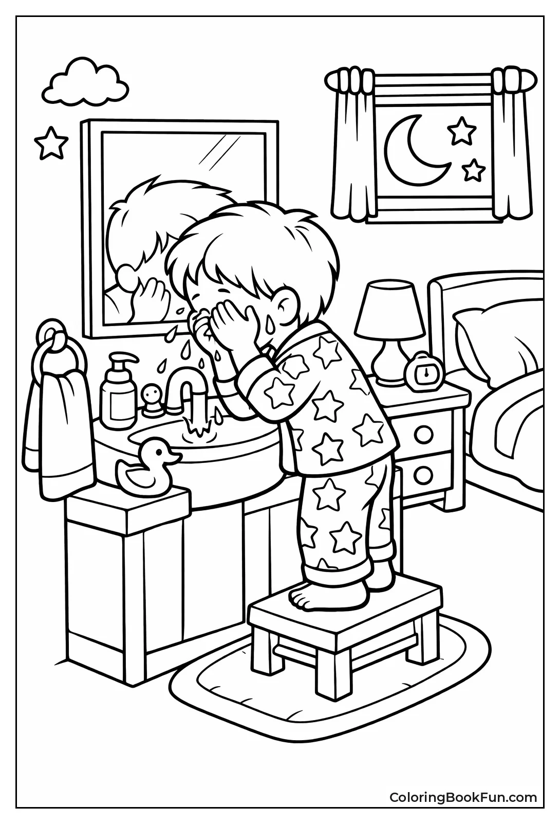 Child Washes Face in Pajamas