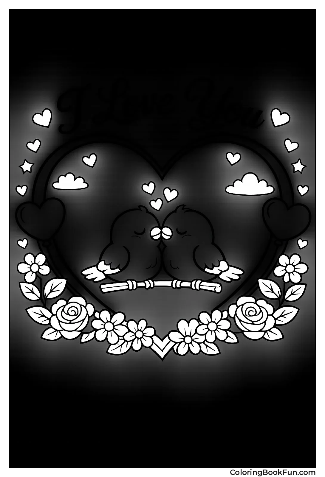 Lovebirds Kiss in Heart Frame