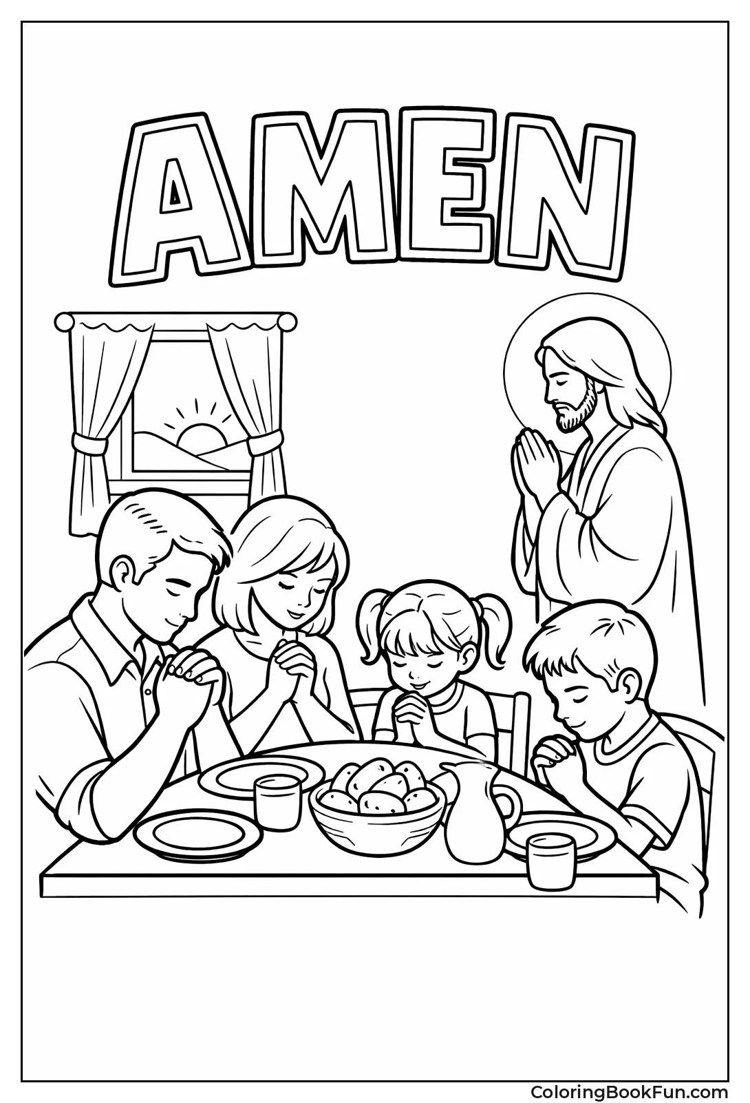 Family Prays near Jesus Silhouette